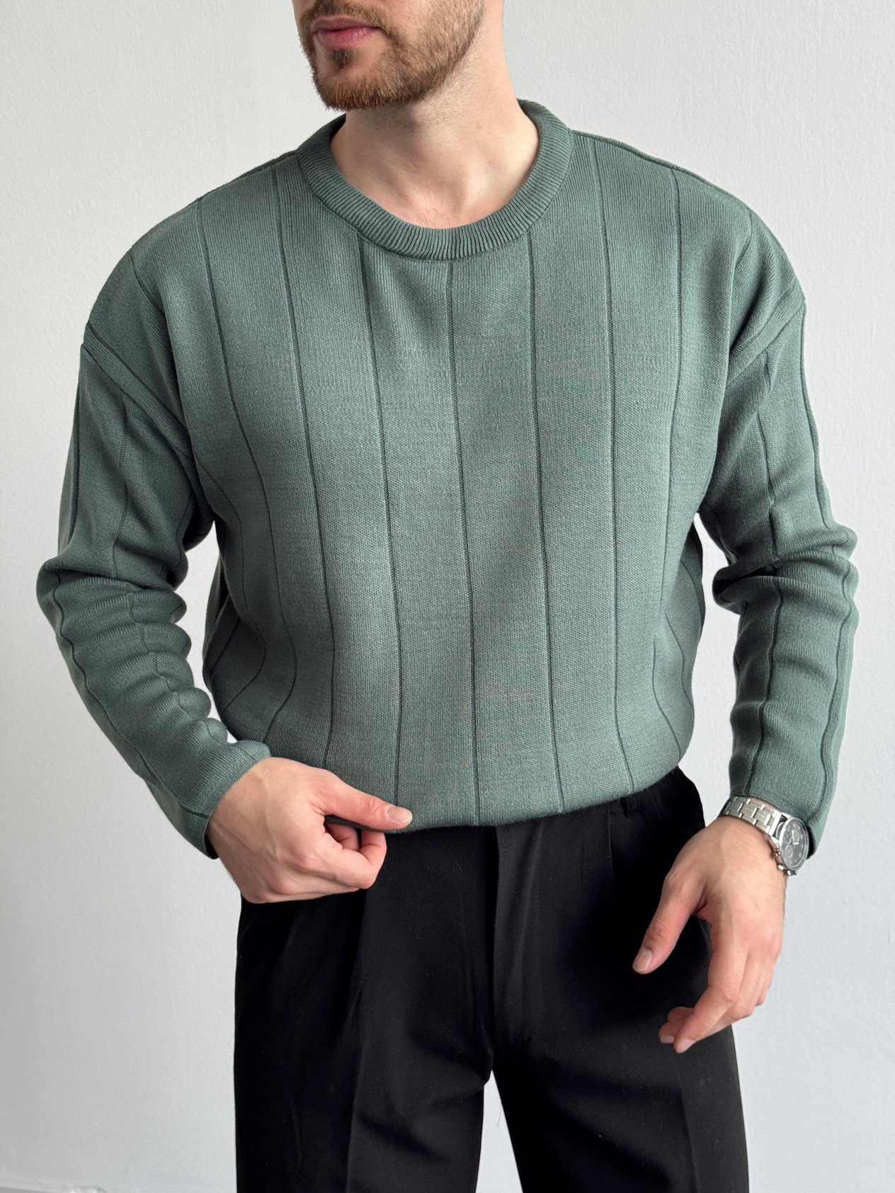 Erkek Oversize Lines Knit Zipper Bisiklet Yaka Kazak-Yeşil(E1161)Ketench
