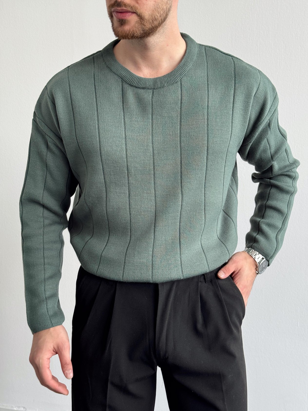 Erkek Oversize Lines Knit Zipper Bisiklet Yaka Kazak-Yeşil(E1161)Ketench