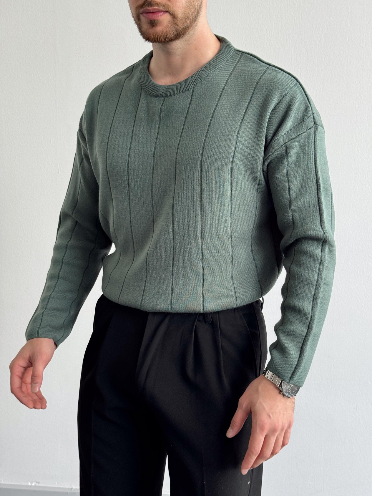 Erkek Oversize Lines Knit Zipper Bisiklet Yaka Kazak-Yeşil(E1161)Ketench