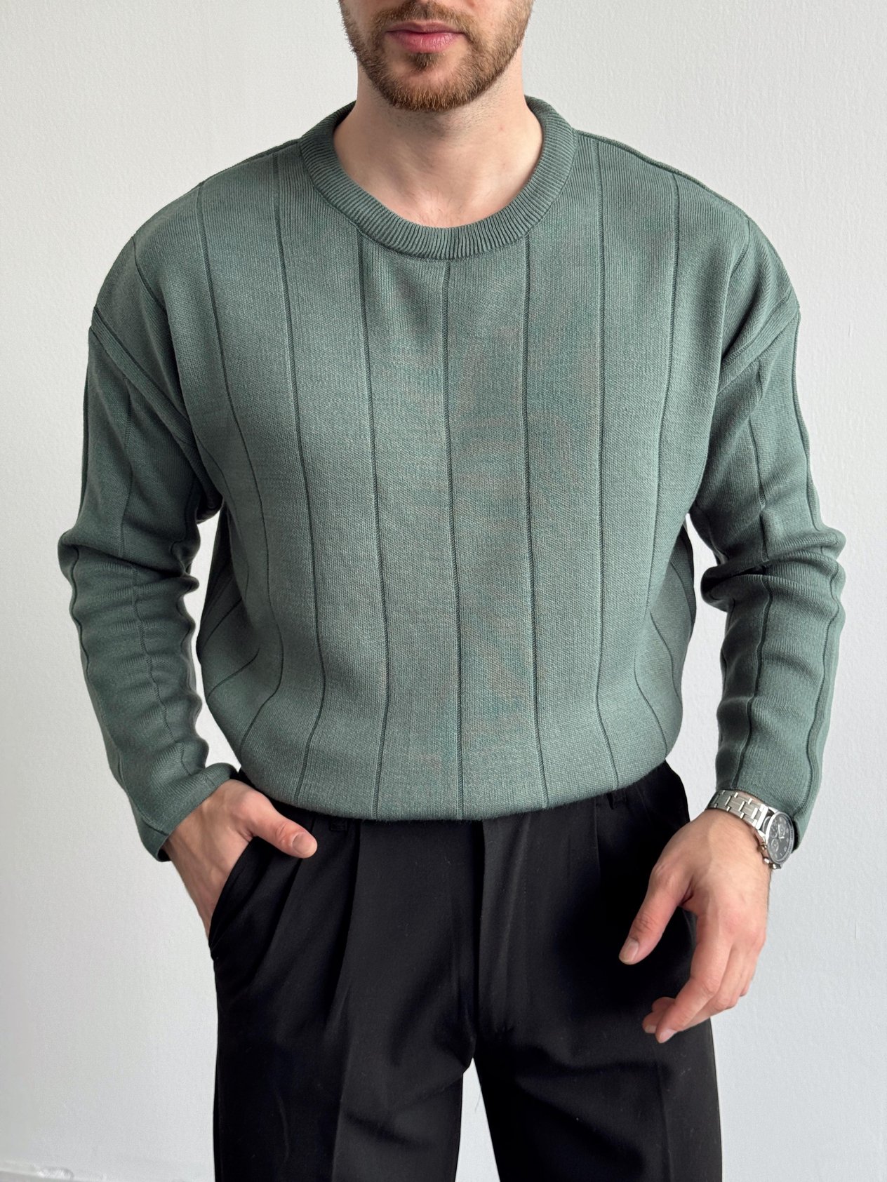 Erkek Oversize Lines Knit Zipper Bisiklet Yaka Kazak-Yeşil(E1161)Ketench