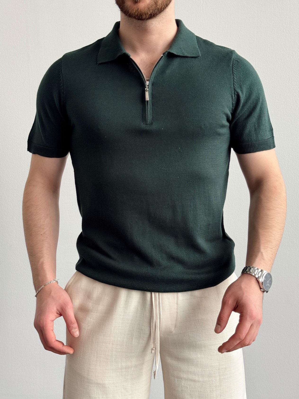 Erkek Özel Koleksiyon %100 Dokuma Pamuk Yıkamalı Fermuar Detaylı Triko T-Shirt-Yeşil(E1308)Ketench