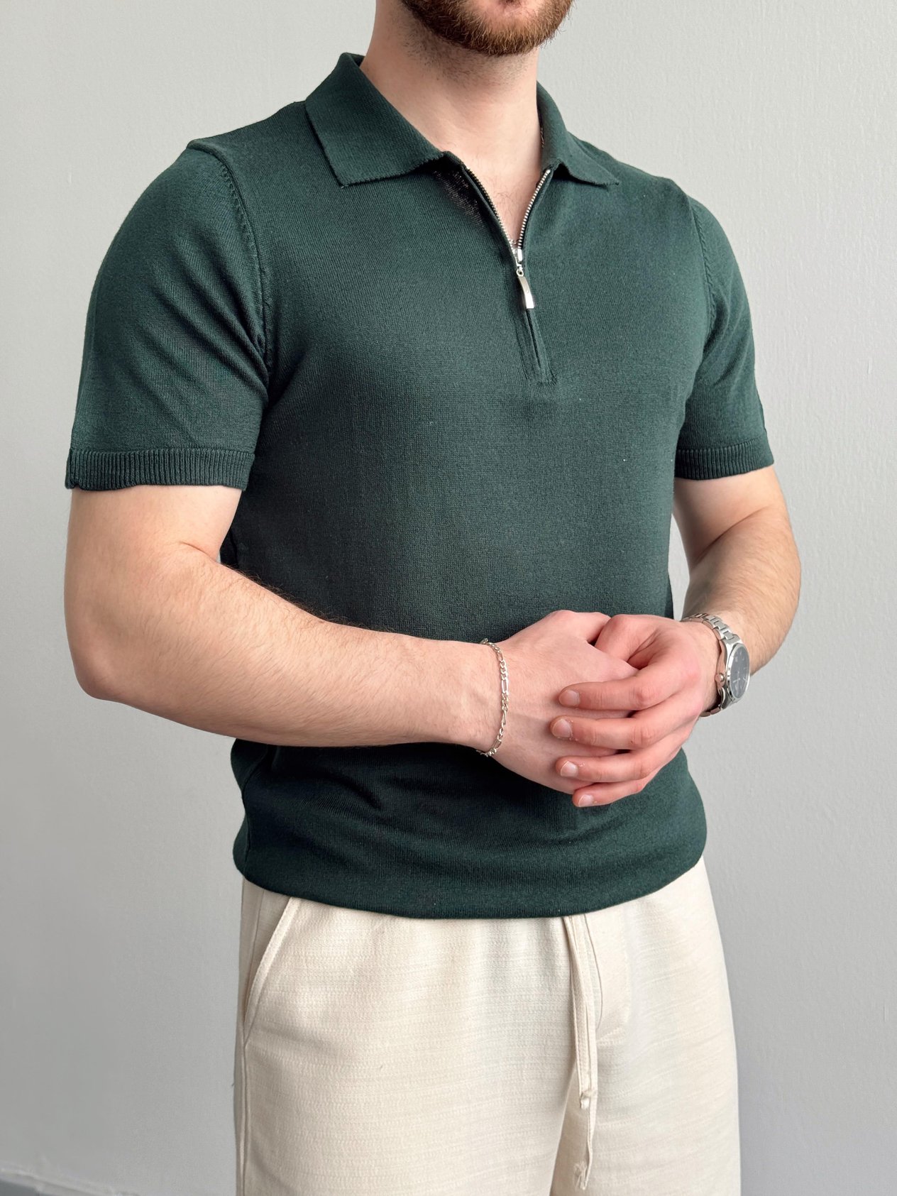 Erkek Özel Koleksiyon %100 Dokuma Pamuk Yıkamalı Fermuar Detaylı Triko T-Shirt-Yeşil(E1308)Ketench