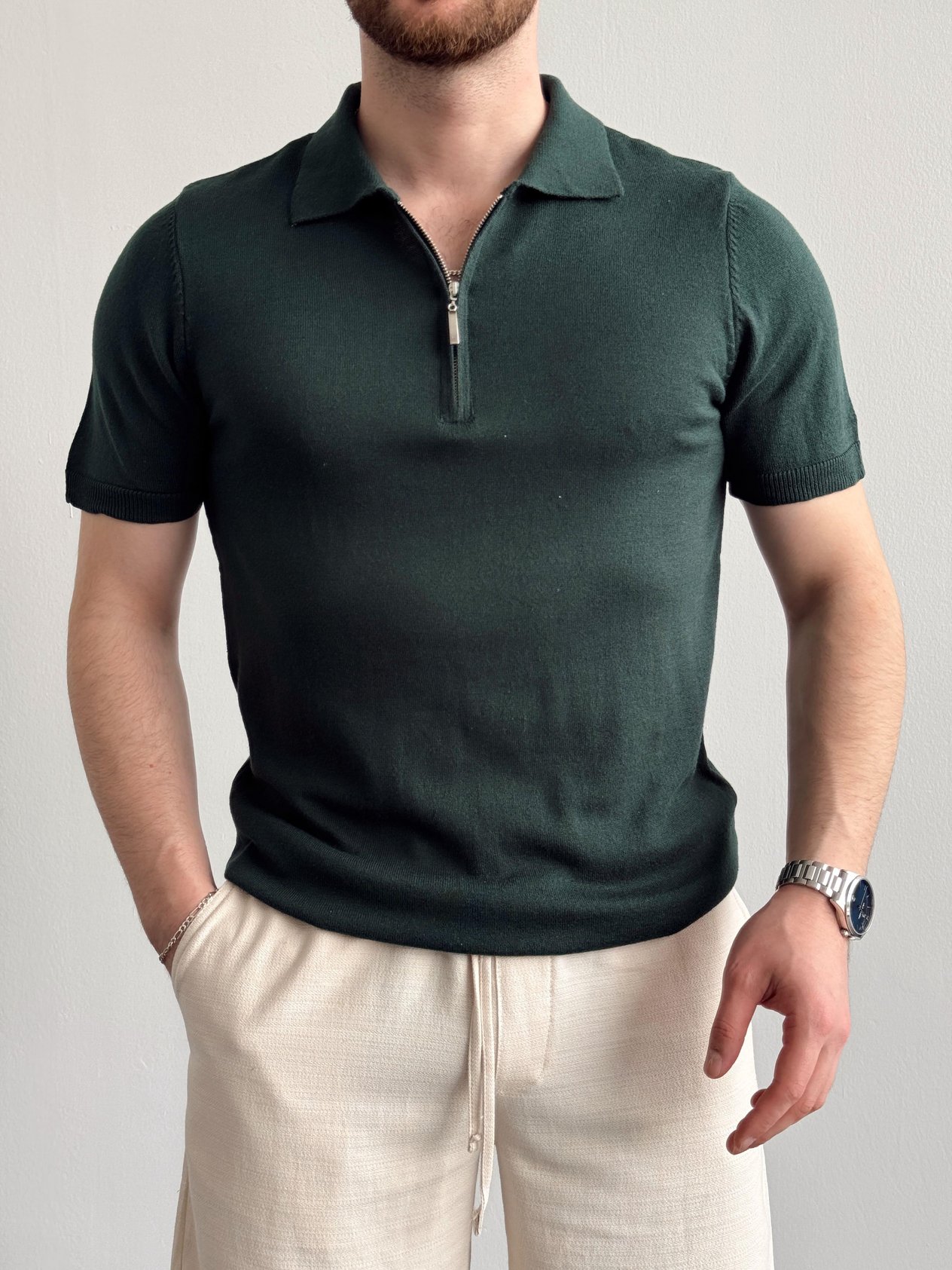 Erkek Özel Koleksiyon %100 Dokuma Pamuk Yıkamalı Fermuar Detaylı Triko T-Shirt-Yeşil(E1308)Ketench