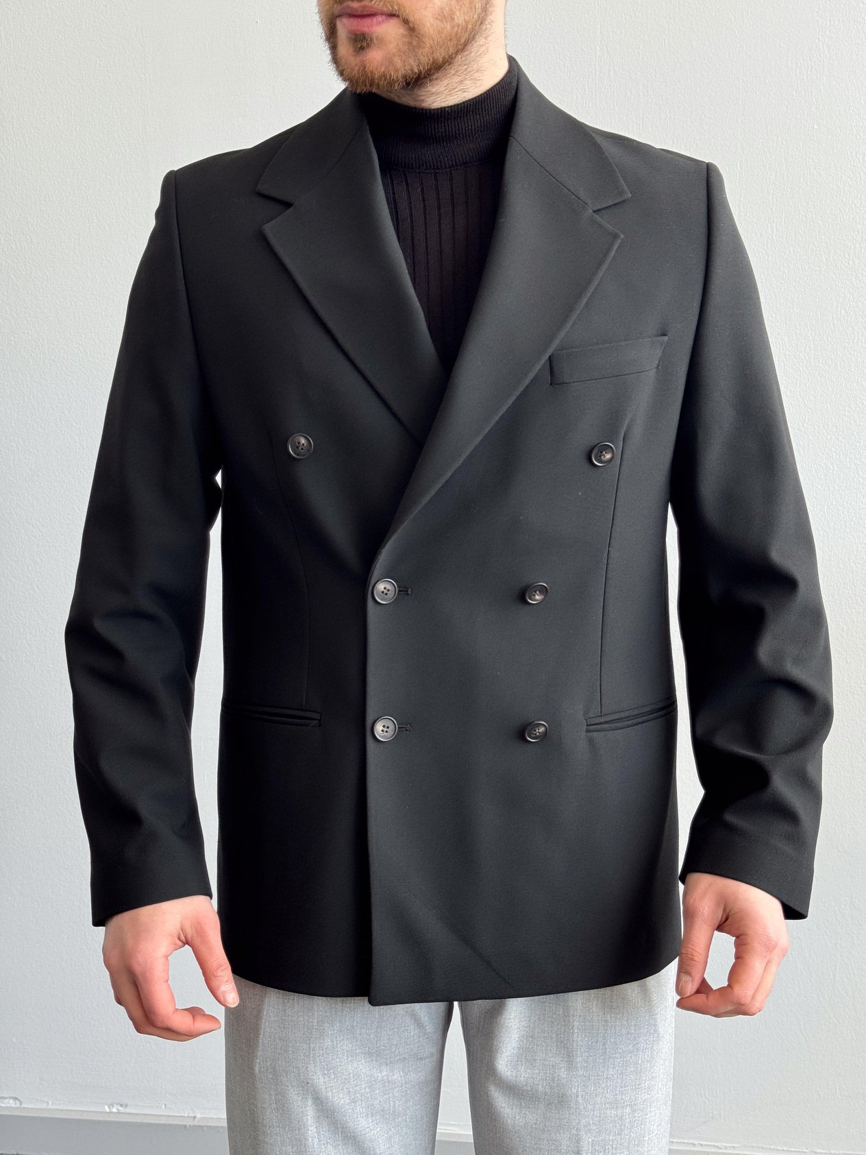 Erkek Özel Premium Seri Düğme Detaylı Uzun Kruvaze Yaka Gabardin Kumaş Ceket-Siyah(E1285)Ketench