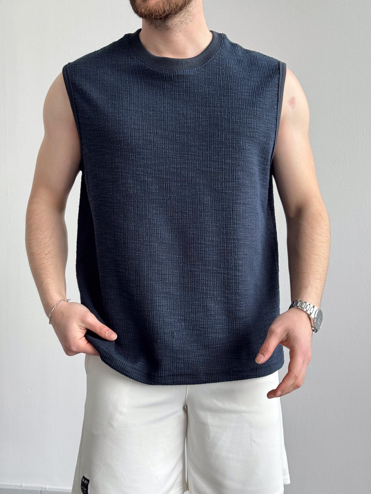 Erkek Özel Premium Seri Regular Fit Dokulu Kolsuz T-Shirt-Lacivert(E1354)Ketench