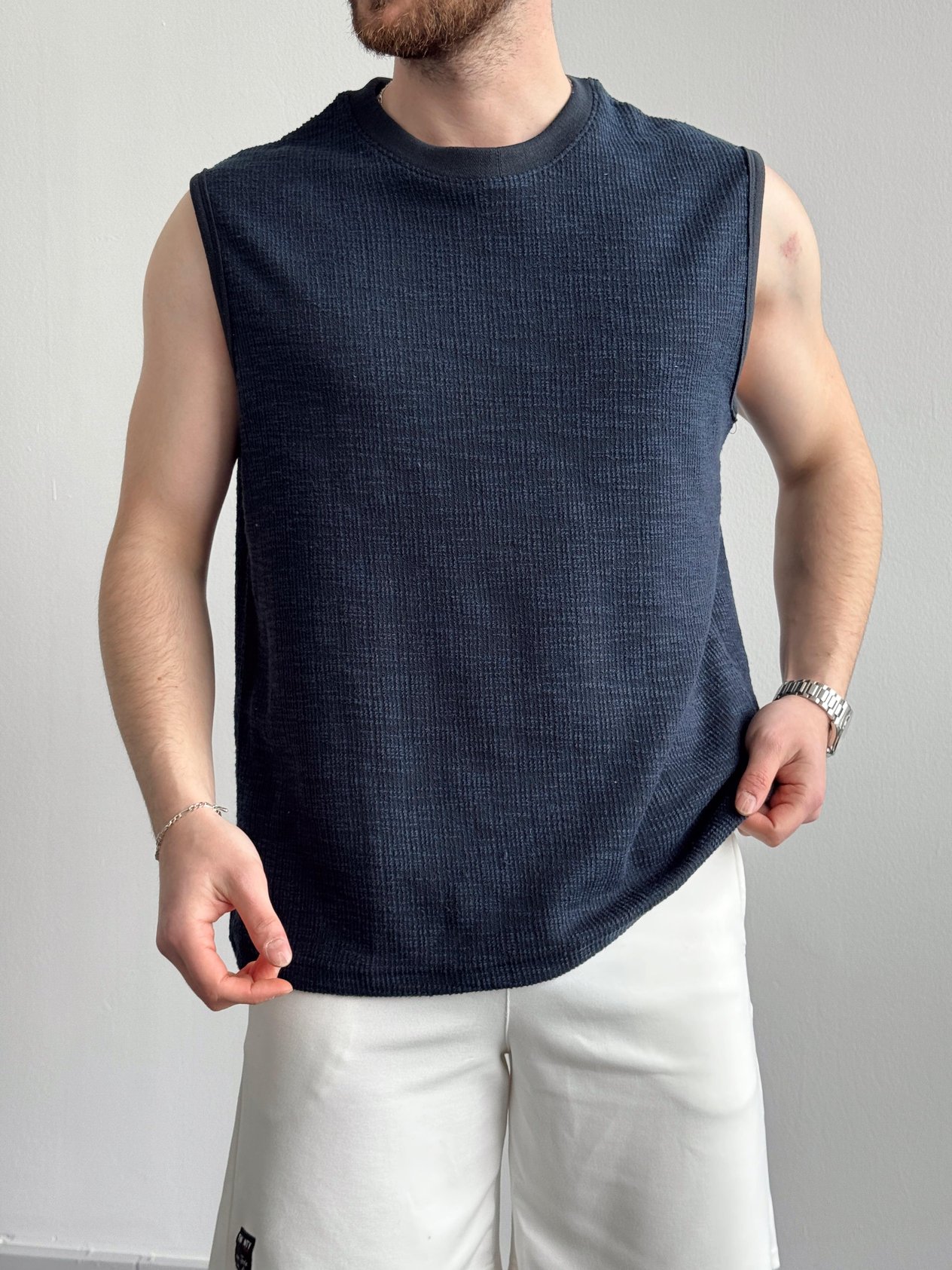 Erkek Özel Premium Seri Regular Fit Dokulu Kolsuz T-Shirt-Lacivert(E1354)Ketench