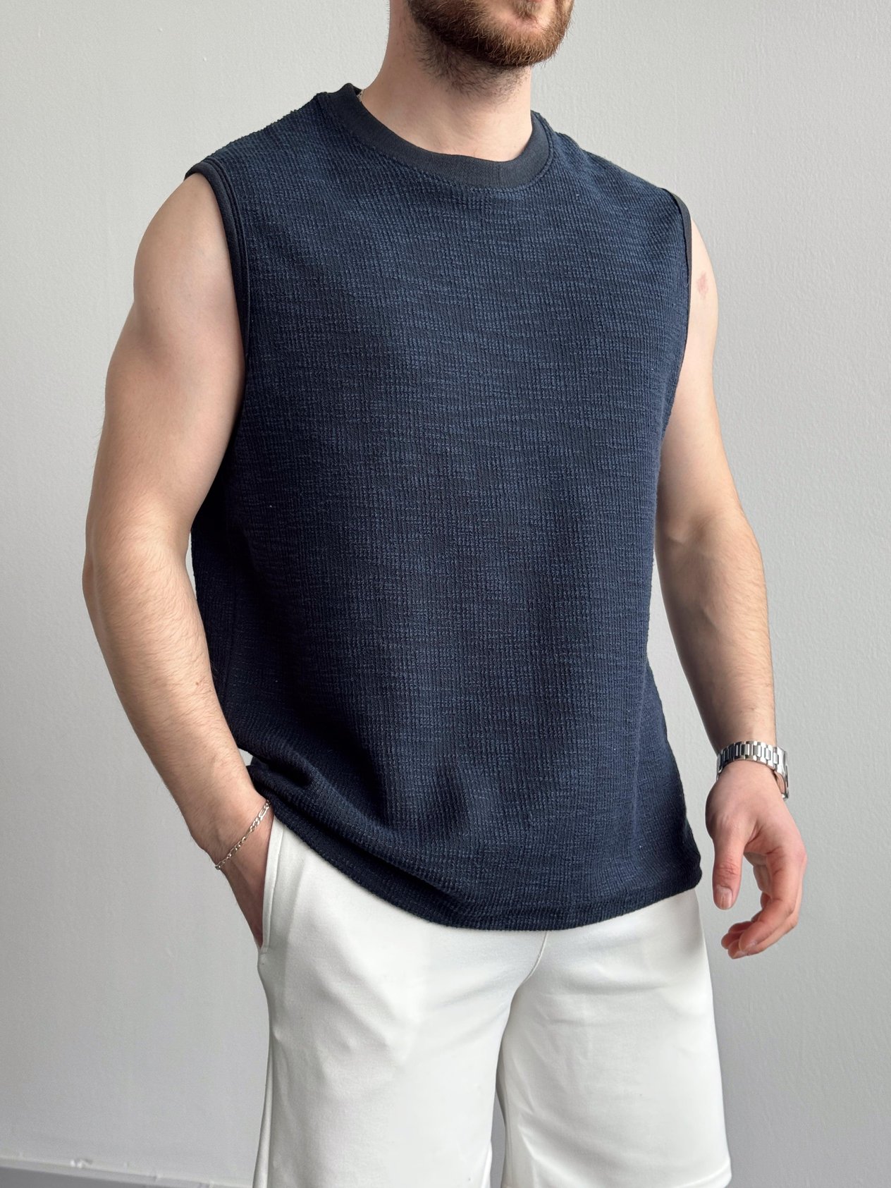 Erkek Özel Premium Seri Regular Fit Dokulu Kolsuz T-Shirt-Lacivert(E1354)Ketench
