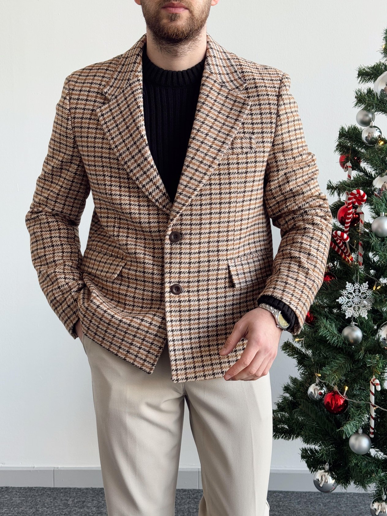 Erkek Özel Premium Seri Vintage Model Kazayağı Desen Blazer Ceket-Taba(E1254)Ketench