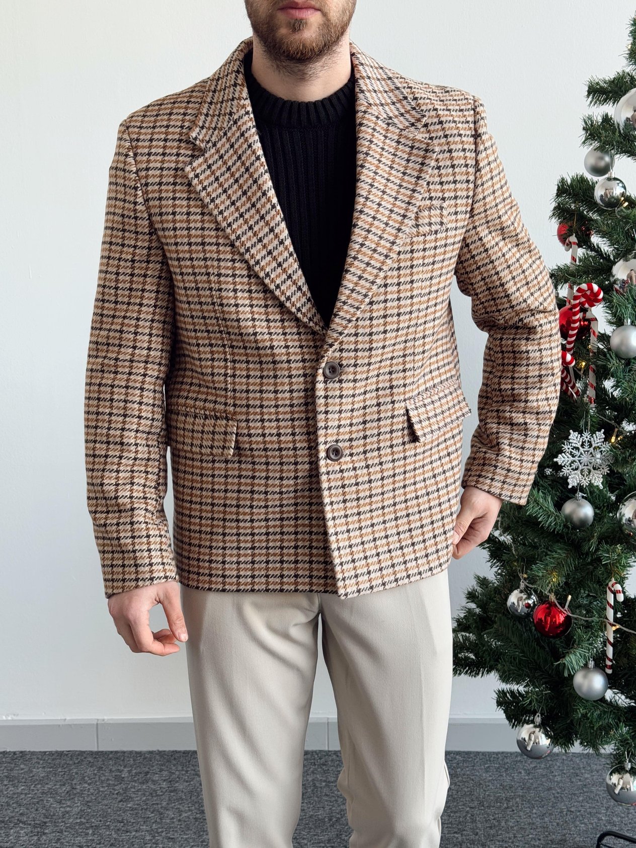 Erkek Özel Premium Seri Vintage Model Kazayağı Desen Blazer Ceket-Taba(E1254)Ketench
