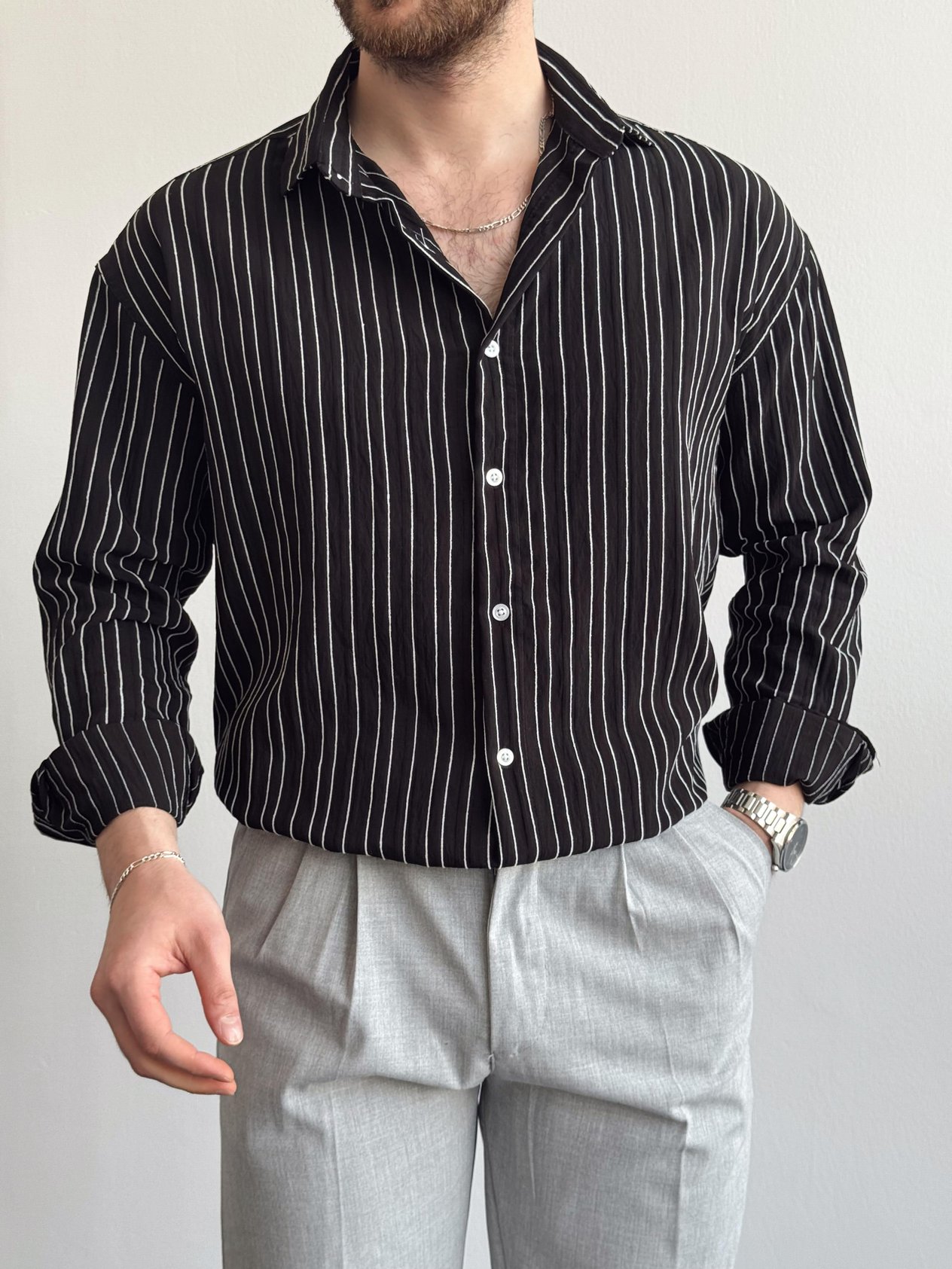 Erkek Premium Collection Oversize Kalıp Çizgili Hafif Kumaş Gömlek-Siyah(E1405)Ketench