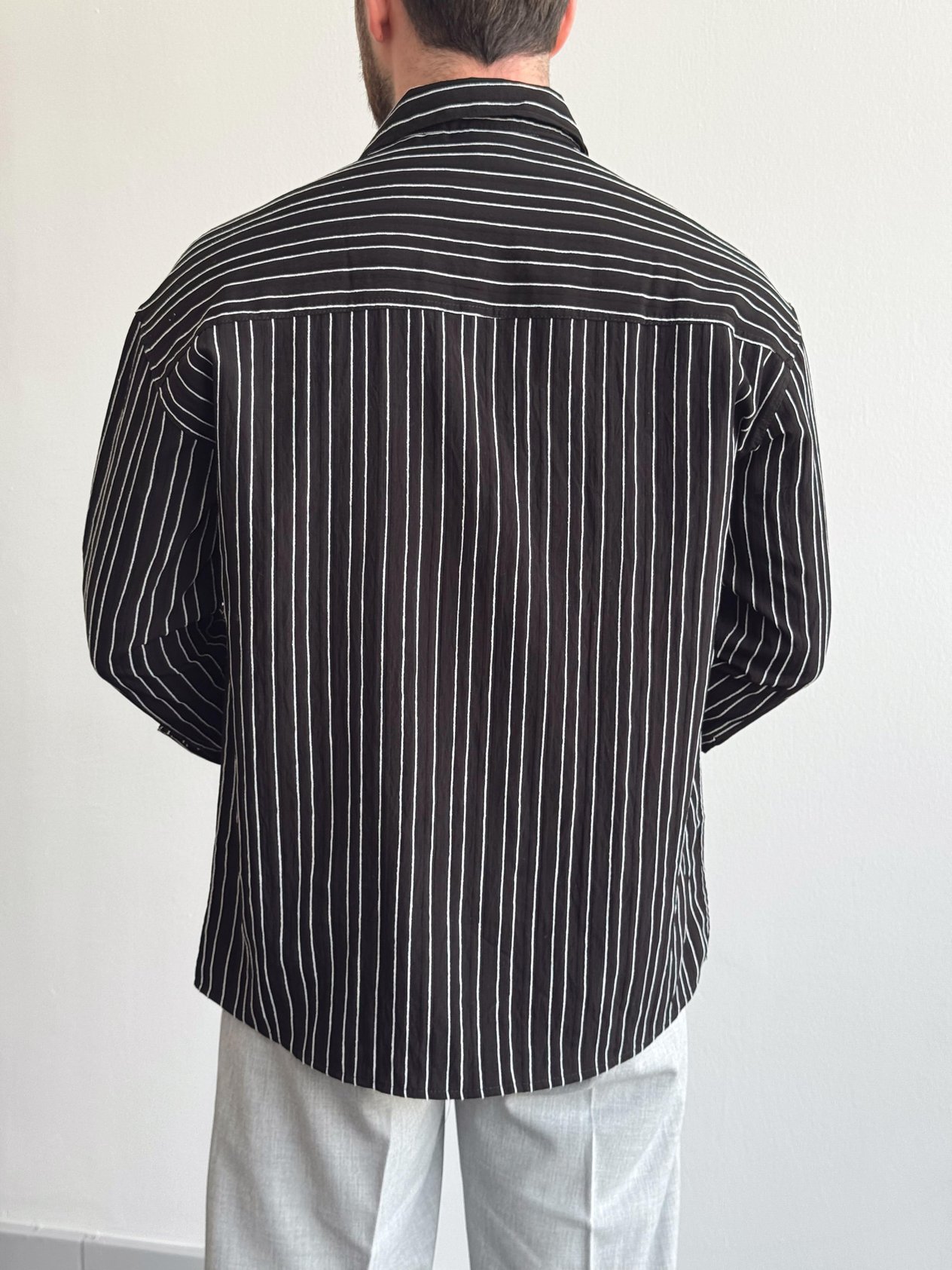 Erkek Premium Collection Oversize Kalıp Çizgili Hafif Kumaş Gömlek-Siyah(E1405)Ketench