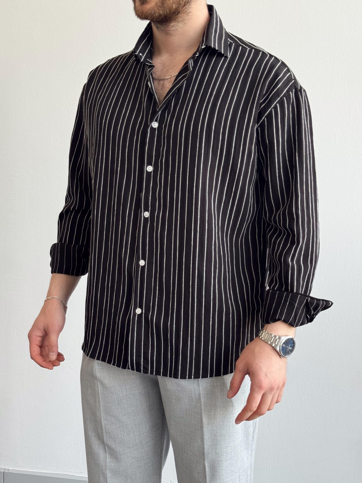 Erkek Premium Collection Oversize Kalıp Çizgili Hafif Kumaş Gömlek-Siyah(E1405)Ketench