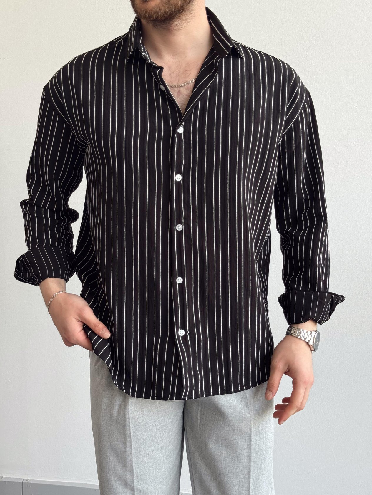 Erkek Premium Collection Oversize Kalıp Çizgili Hafif Kumaş Gömlek-Siyah(E1405)Ketench