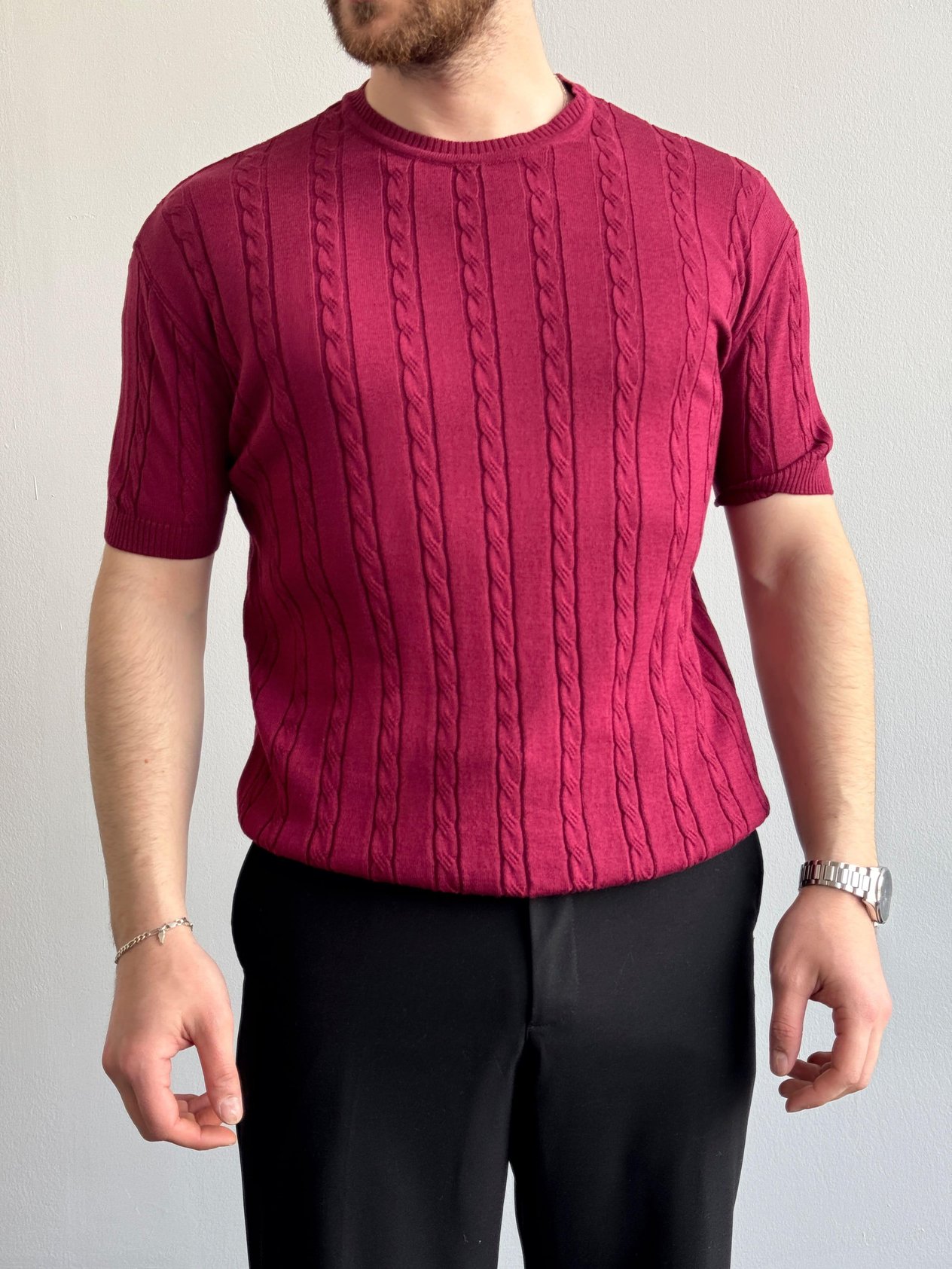Erkek Premium Kalite Bisiklet Yaka Oversize Kalıp Halat Desenli Triko T-Shirt-Bordo(E1356)Ketench