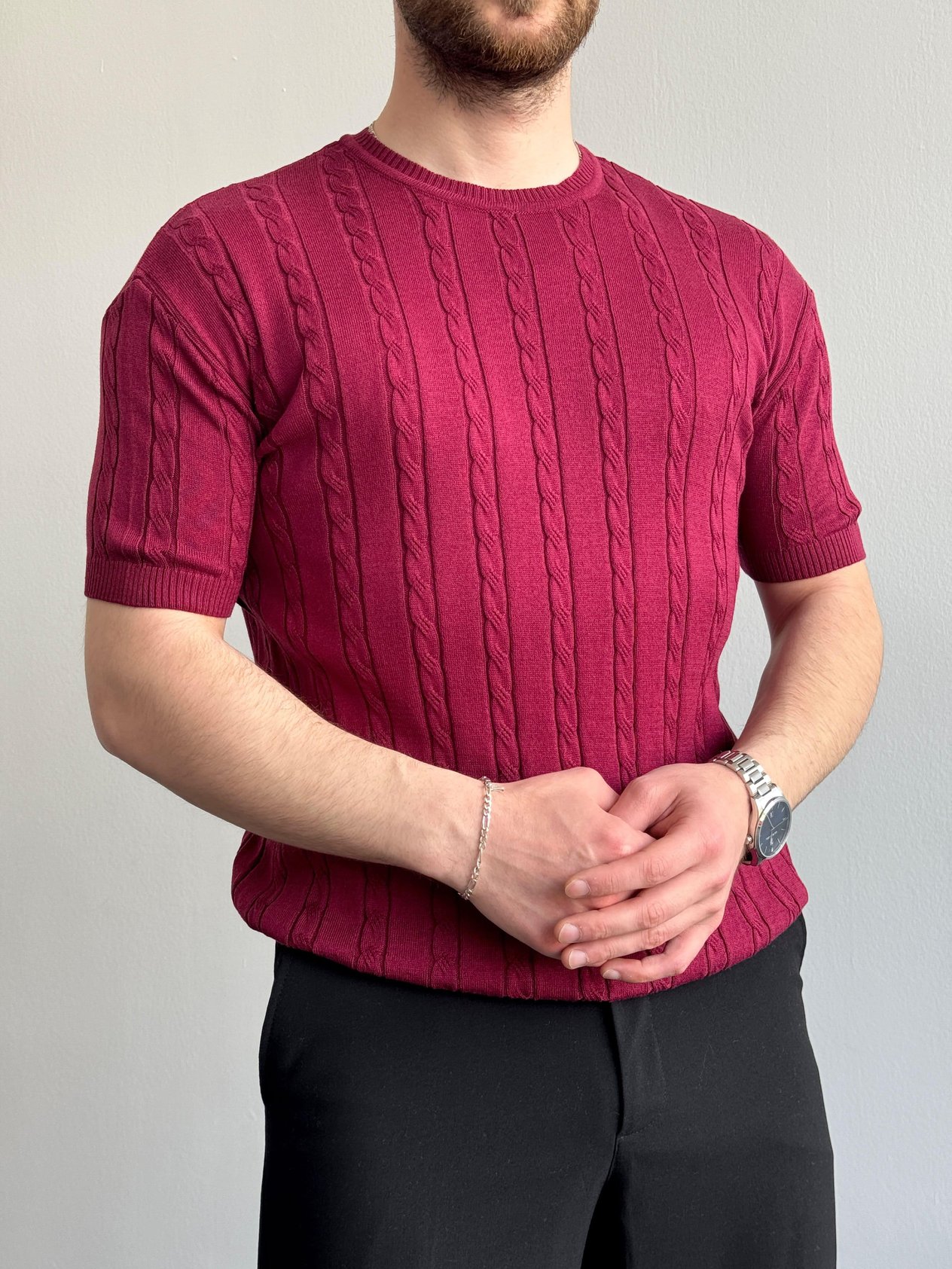 Erkek Premium Kalite Bisiklet Yaka Oversize Kalıp Halat Desenli Triko T-Shirt-Bordo(E1356)Ketench