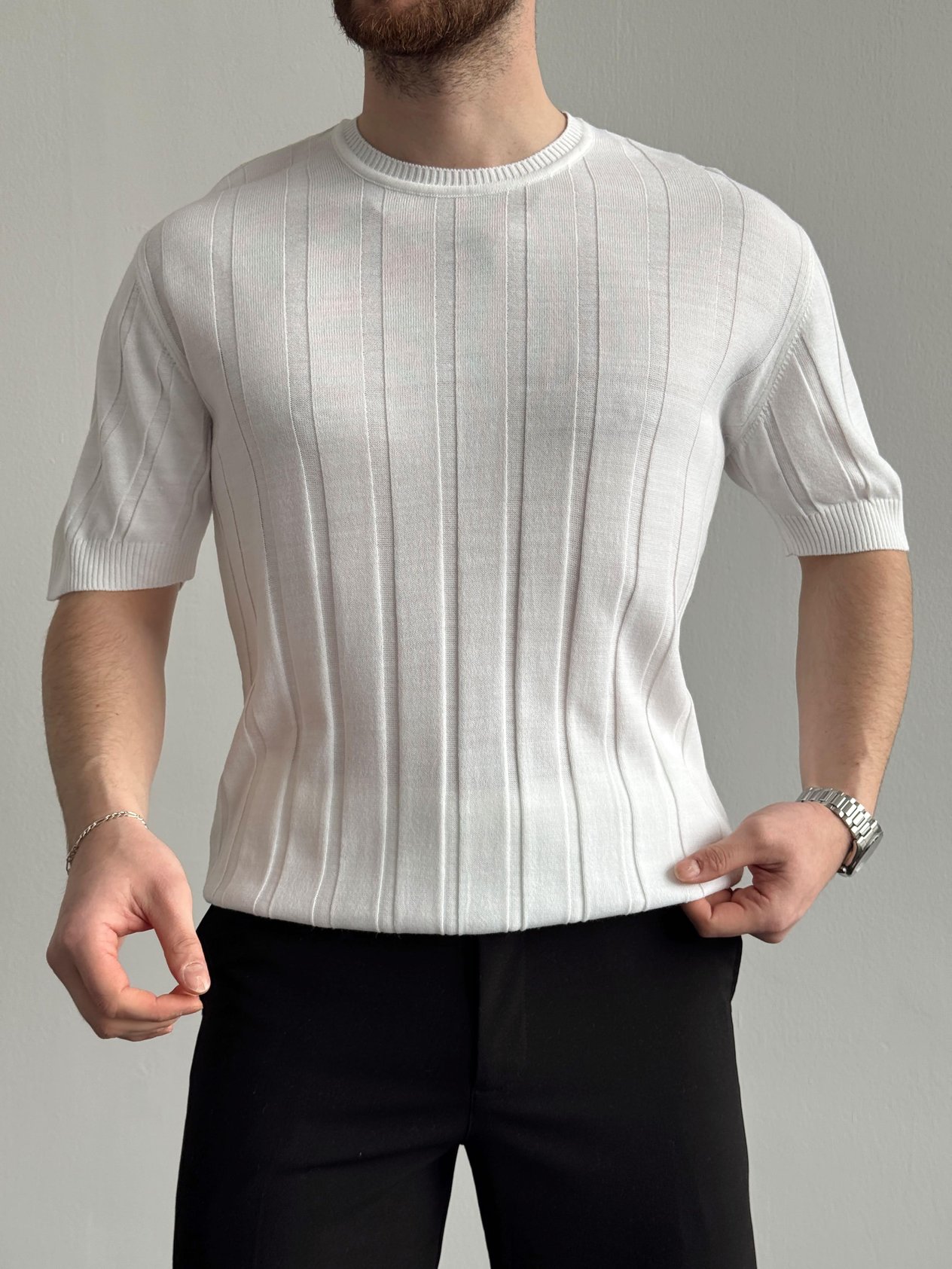 Erkek Premium Kalite Bisiklet Yaka Şerit Detaylar Oversize Kalıp Triko T-Shirt-Ekru(E1351)Ketench