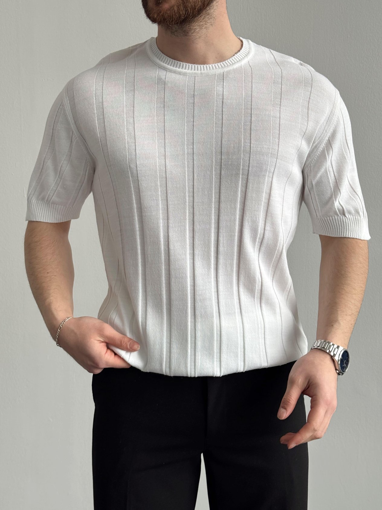 Erkek Premium Kalite Bisiklet Yaka Şerit Detaylar Oversize Kalıp Triko T-Shirt-Ekru(E1351)Ketench