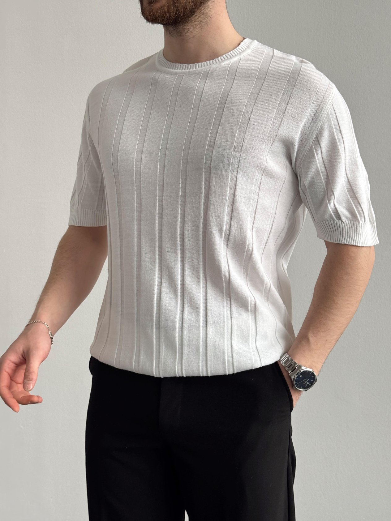 Erkek Premium Kalite Bisiklet Yaka Şerit Detaylar Oversize Kalıp Triko T-Shirt-Ekru(E1351)Ketench