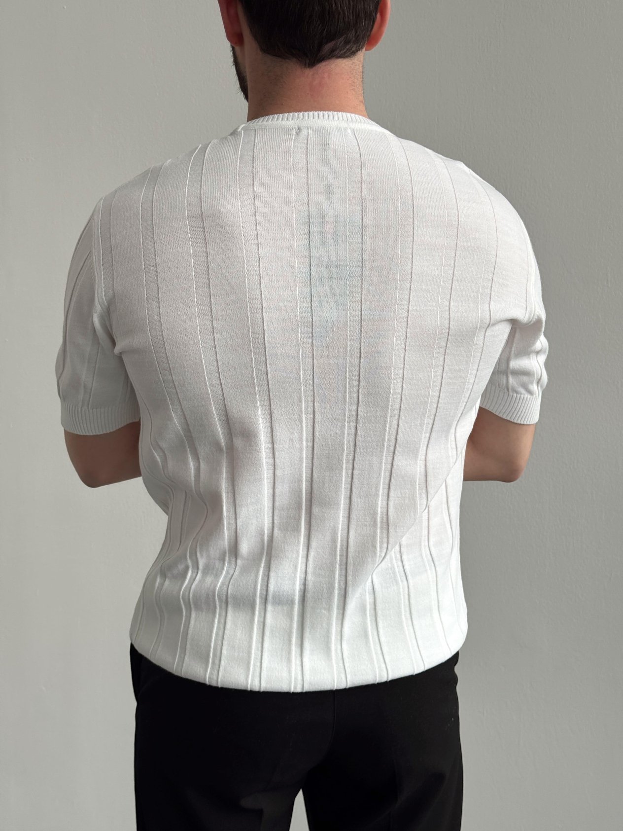 Erkek Premium Kalite Bisiklet Yaka Şerit Detaylar Oversize Kalıp Triko T-Shirt-Ekru(E1351)Ketench
