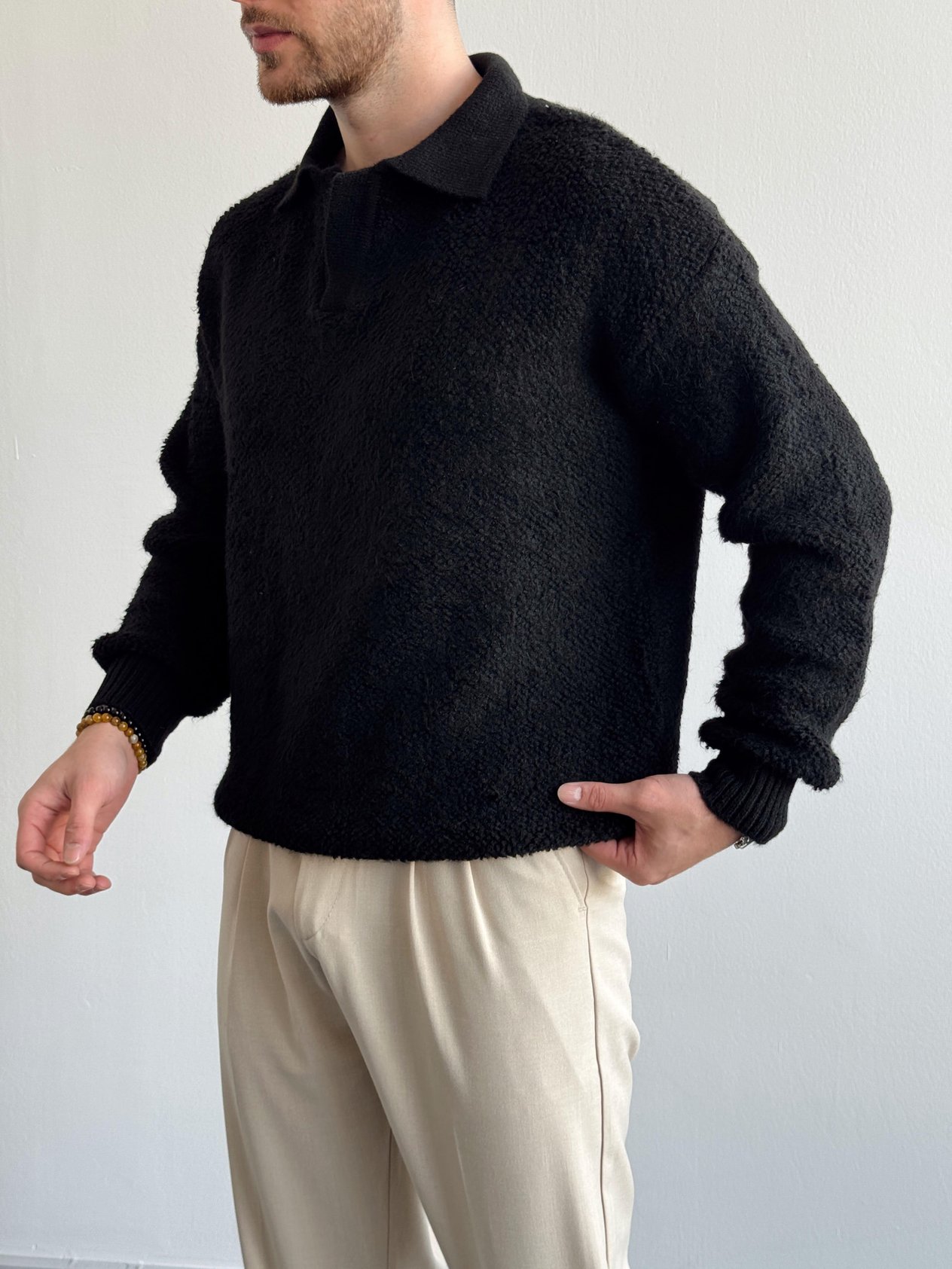 Erkek Premium Kalite Knit Collor Brushed Peluş Detay Polo Yaka Triko Kazak-Siyah(E1194)Ketench