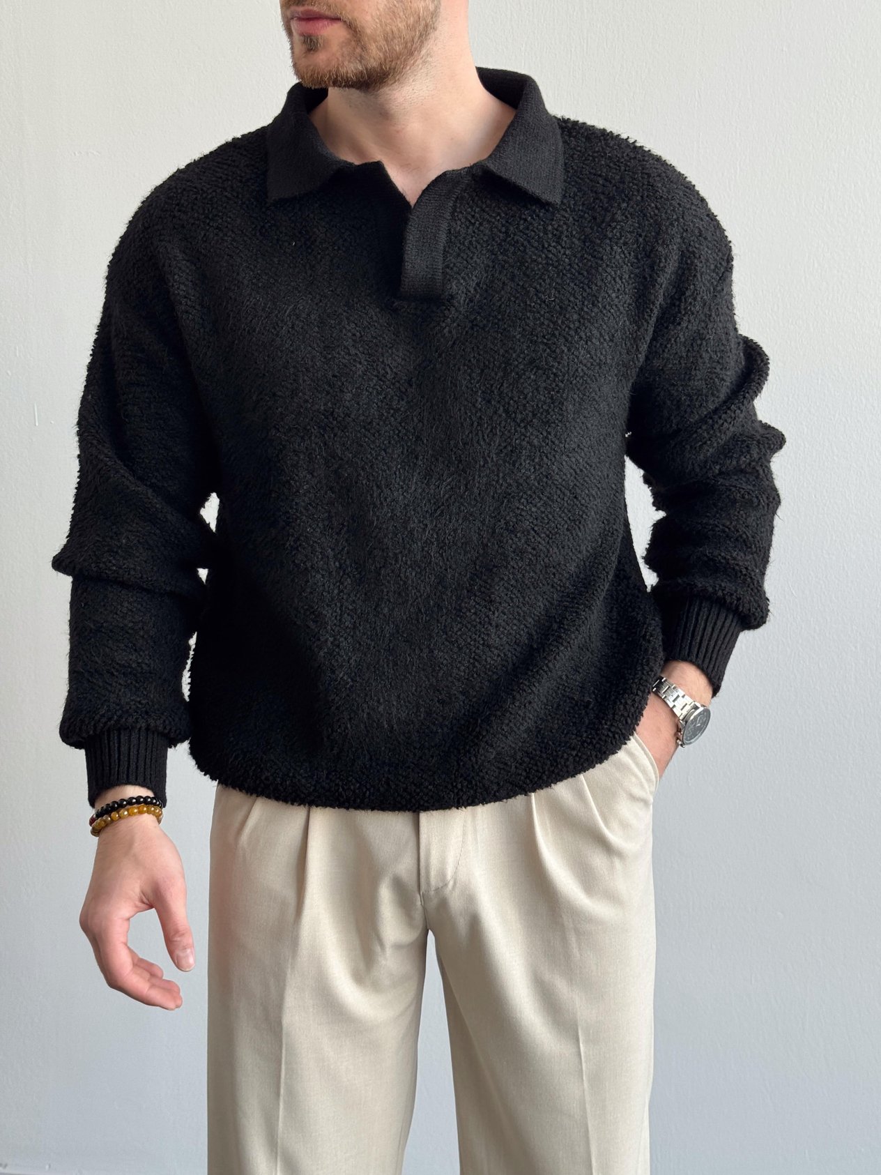 Erkek Premium Kalite Knit Collor Brushed Peluş Detay Polo Yaka Triko Kazak-Siyah(E1194)Ketench