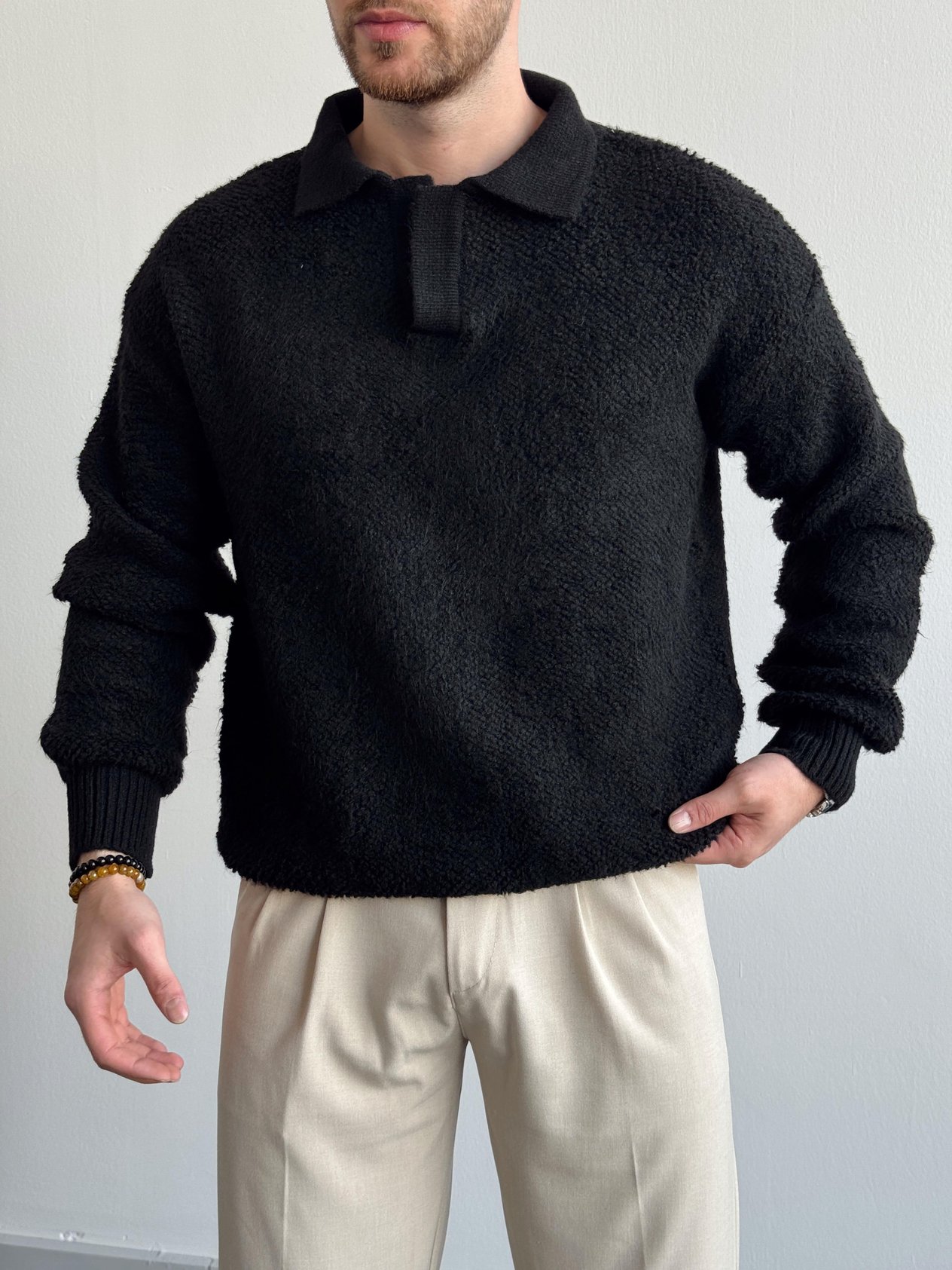Erkek Premium Kalite Knit Collor Brushed Peluş Detay Polo Yaka Triko Kazak-Siyah(E1194)Ketench