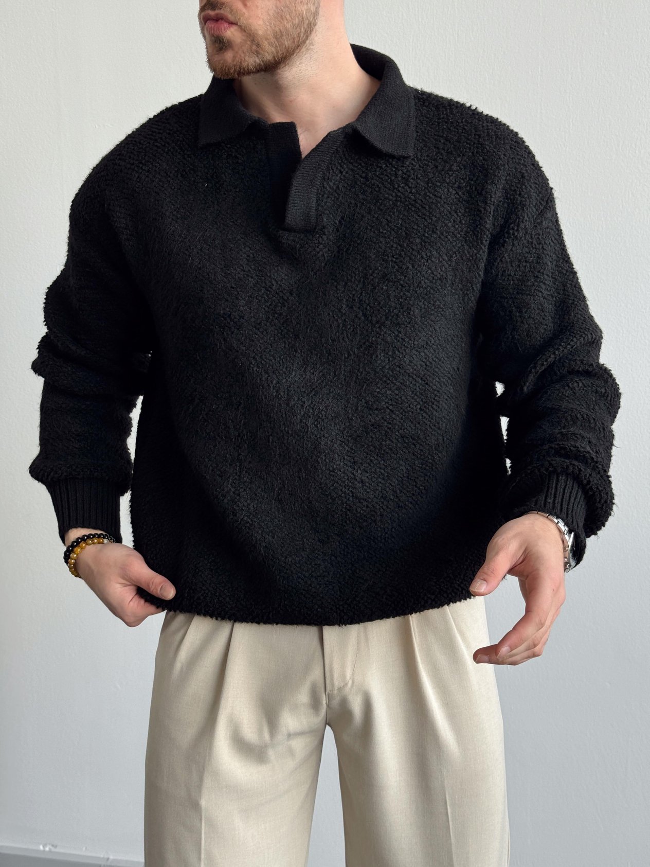 Erkek Premium Kalite Knit Collor Brushed Peluş Detay Polo Yaka Triko Kazak-Siyah(E1194)Ketench