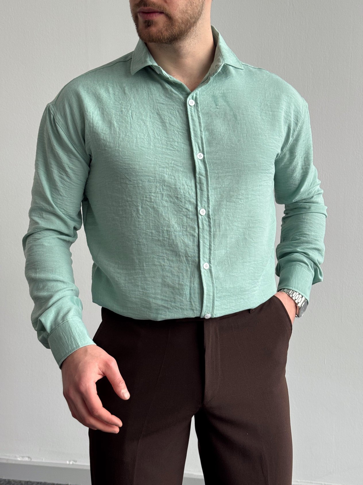 Erkek Premium Kalite Oversize Kalıp Kolay Ütü Teri Emen Dokulu Gömlek-Mint(E1284)Ketench