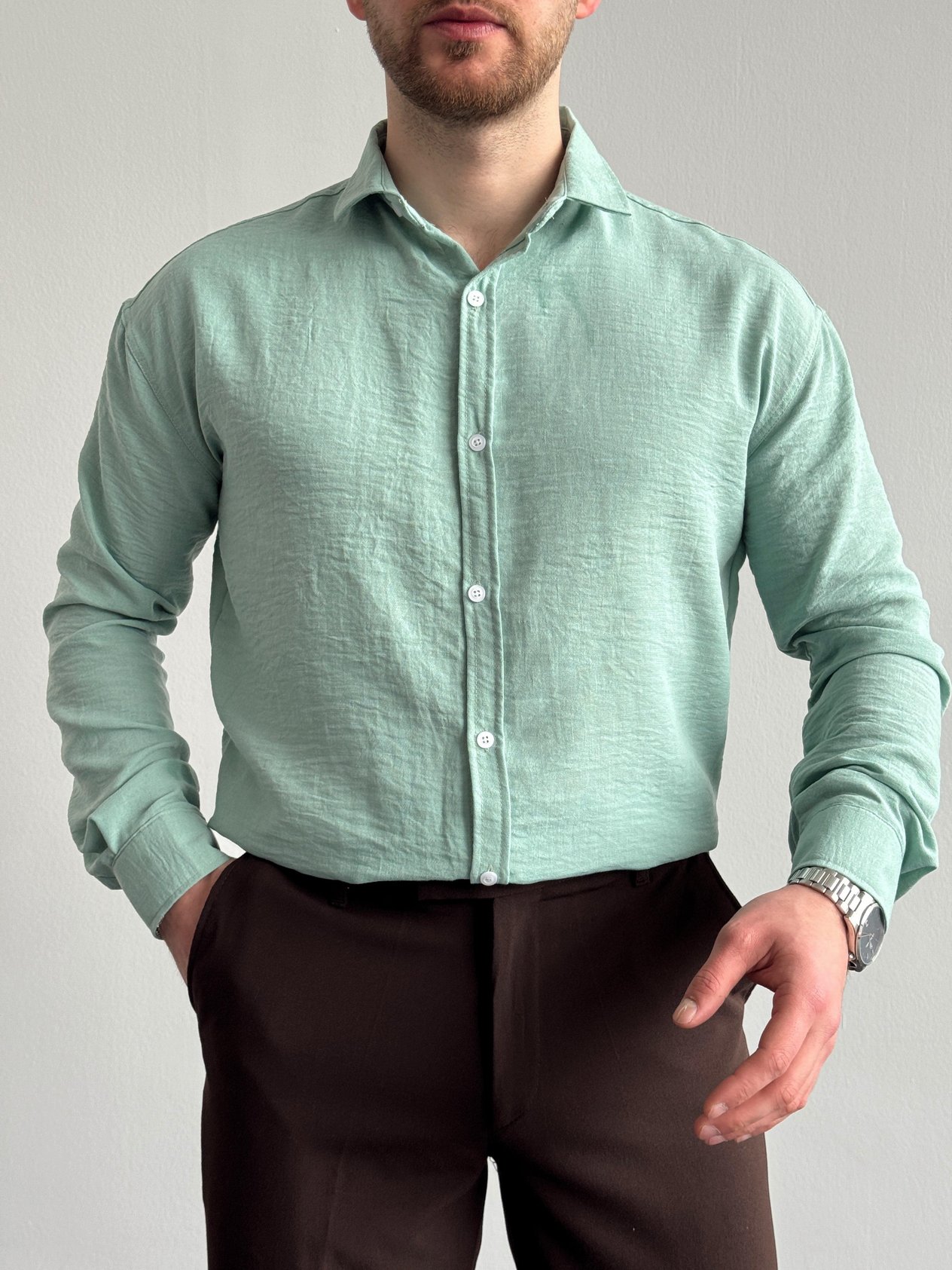 Erkek Premium Kalite Oversize Kalıp Kolay Ütü Teri Emen Dokulu Gömlek-Mint(E1284)Ketench