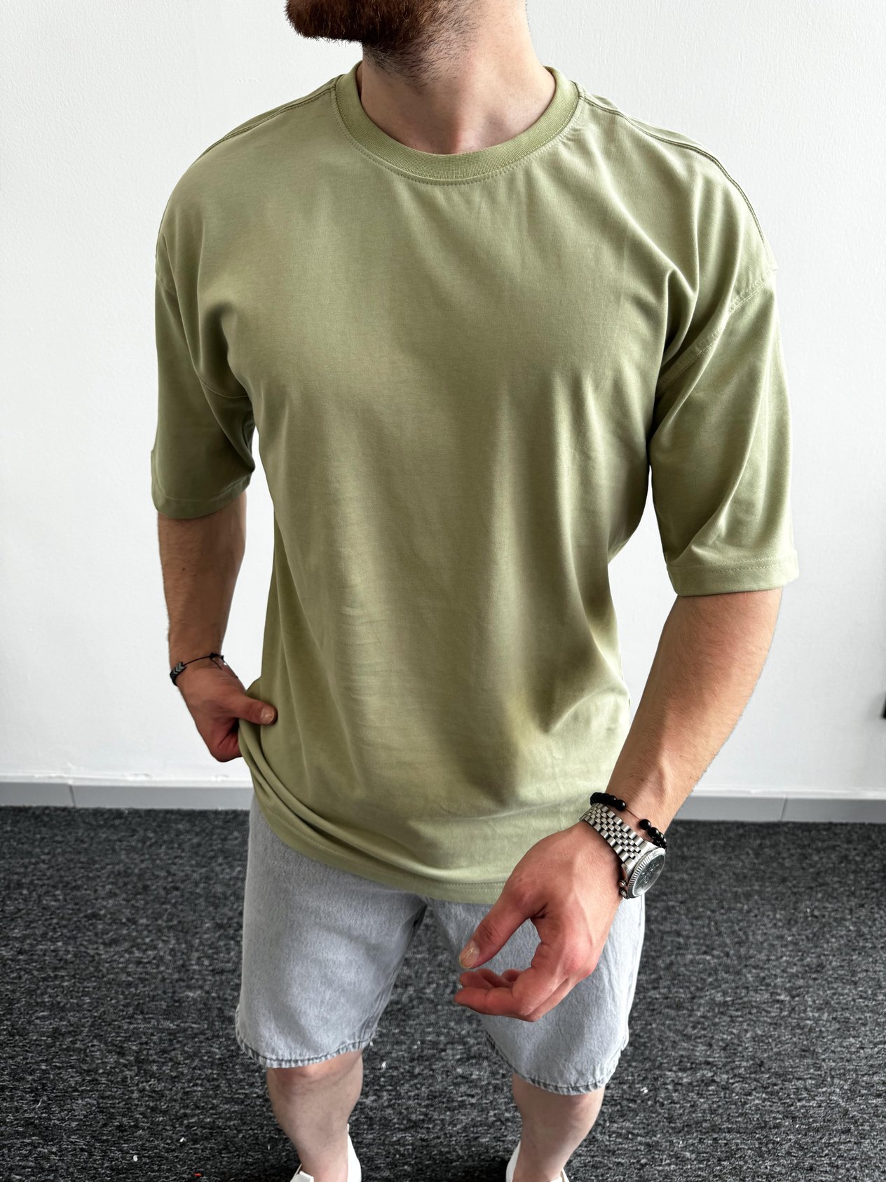Erkek Premium Pamuklu Düz Oversize T-Shirt-Haki(E1090)Ketench
