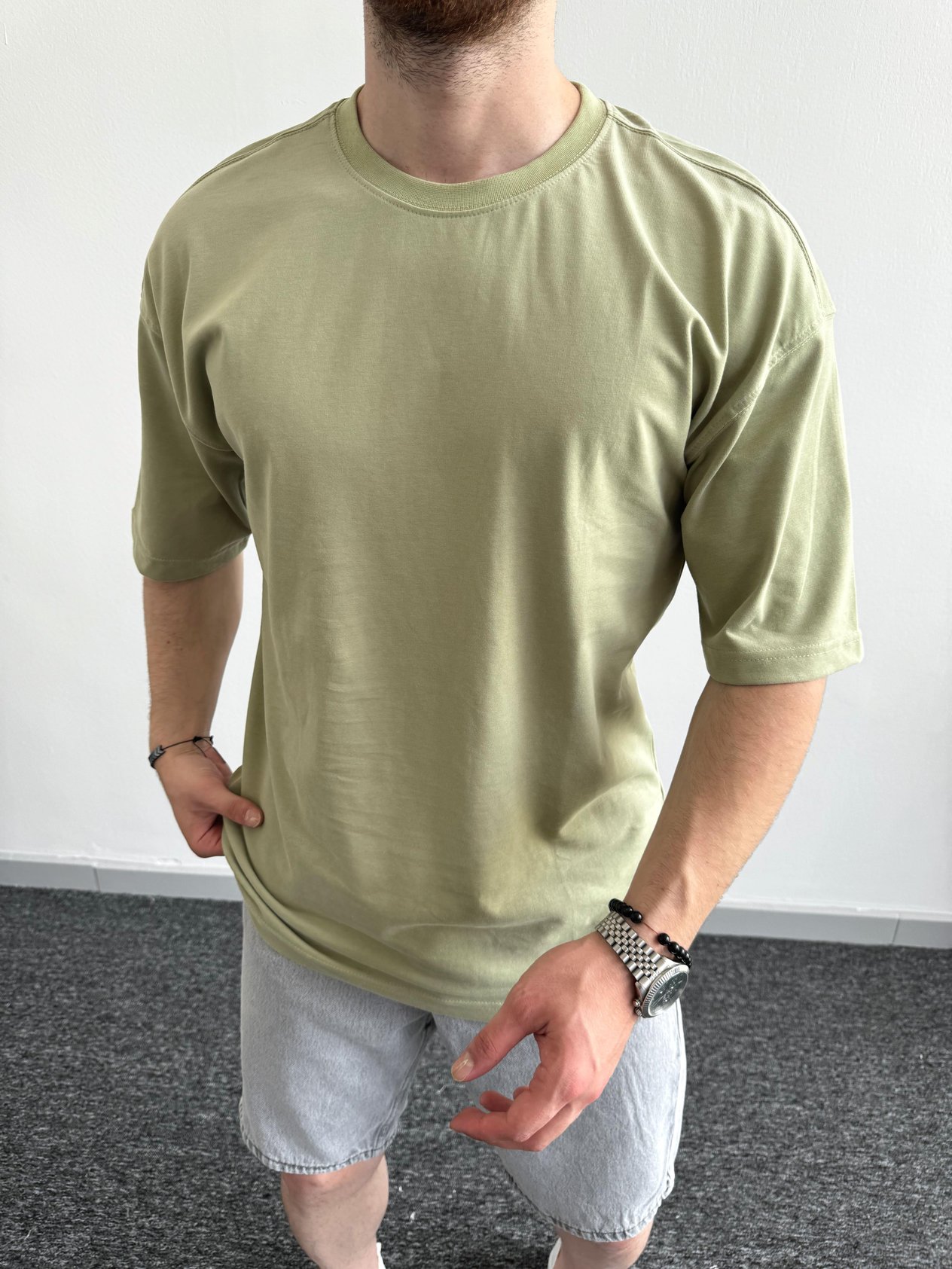 Erkek Premium Pamuklu Düz Oversize T-Shirt-Haki(E1090)Ketench