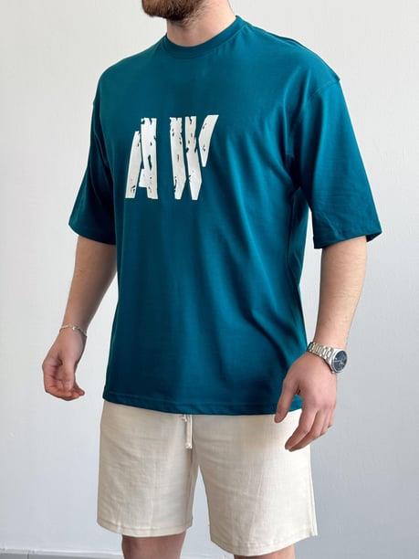 Erkek Yüksek Kalite Oversize Kalıp AW Baskı Detay T-Shirt-Petrol(E1373)Ketench