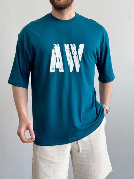 Erkek Yüksek Kalite Oversize Kalıp AW Baskı Detay T-Shirt-Petrol(E1373)Ketench