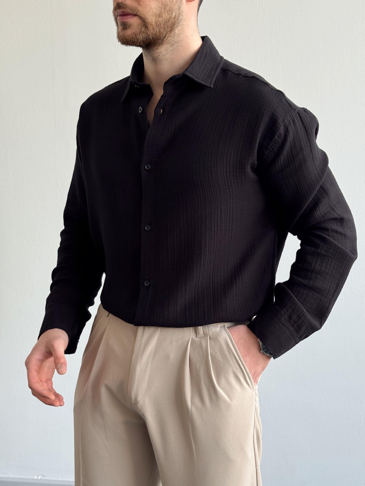 Erkek Yüksek Kalite Oversize Kalıp Müslin Kumaş Gömlek-Siyah(E1279)Ketench