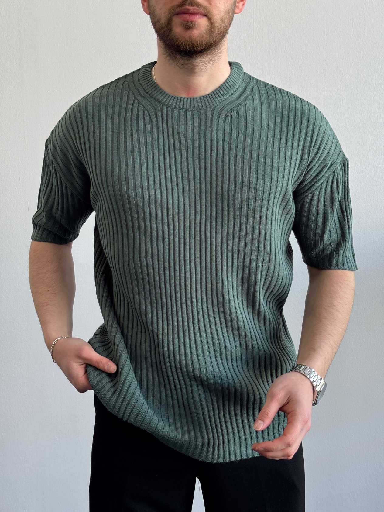 Erkek Yüksek Kalite Oversize Kalıp Şerit Detaylı Bisiklet Yaka Triko T-Shirt-Petrol(E1291)Ketench