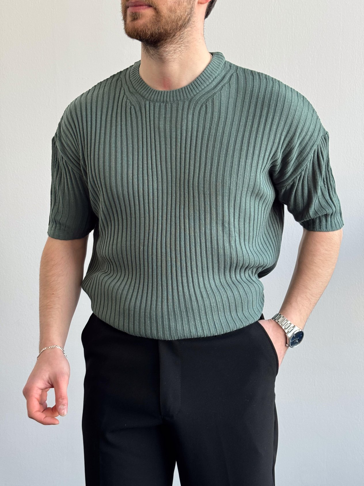 Erkek Yüksek Kalite Oversize Kalıp Şerit Detaylı Bisiklet Yaka Triko T-Shirt-Petrol(E1291)Ketench