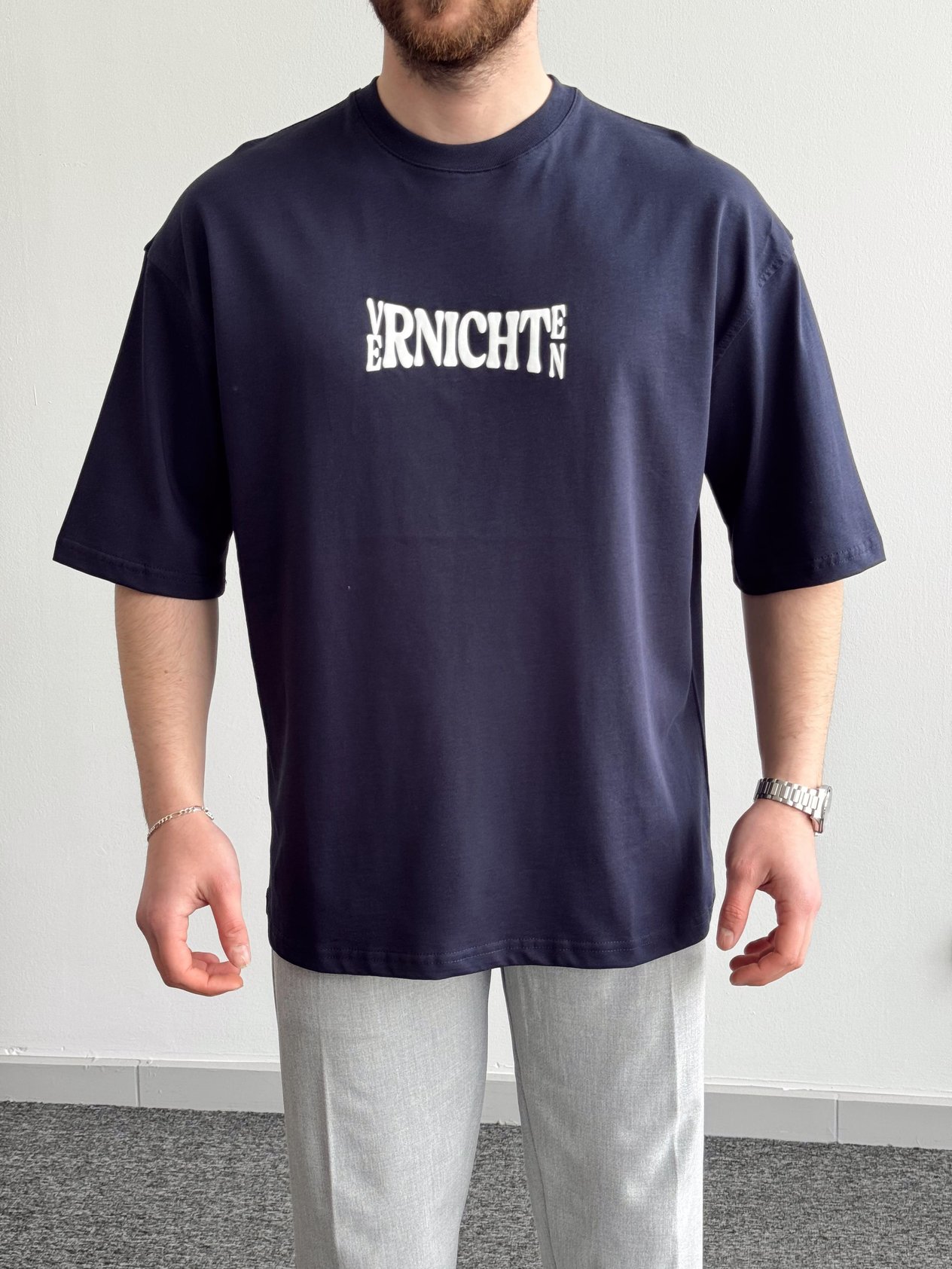 Erkek Yüksek Kalite Oversize Kalıp Varnichten Baskı Detay T-Shirt-Lacivert(E1368)Ketench