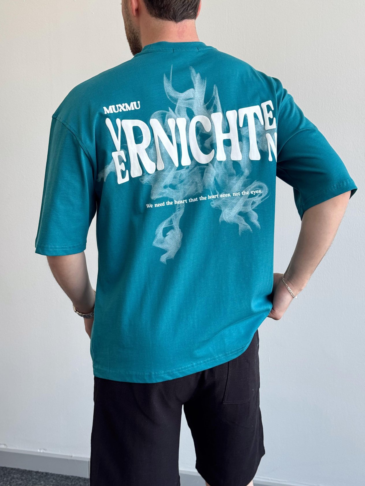 Erkek Yüksek Kalite Oversize Kalıp Varnichten Baskı Detay T-Shirt-Petrol(E1368)Ketench