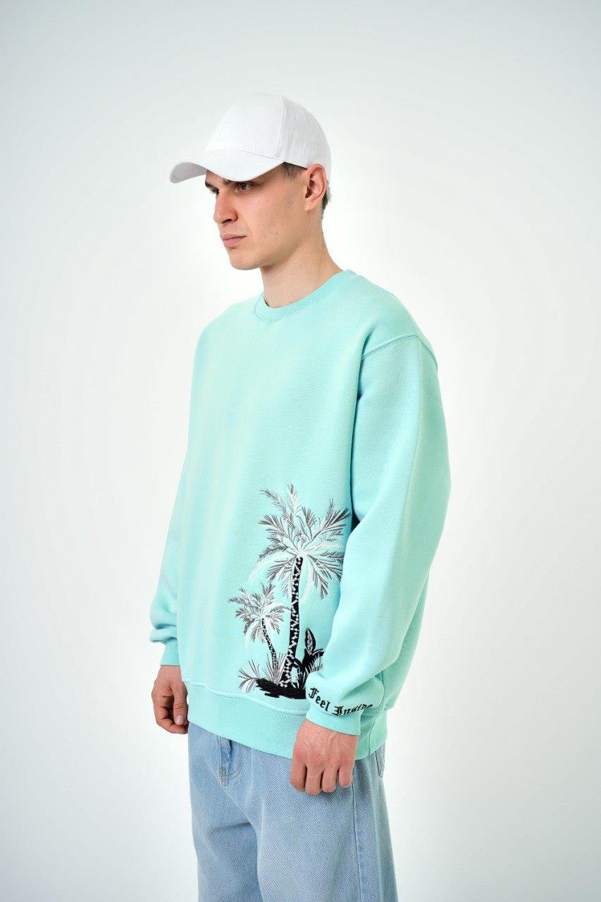 Erkek Palmiye Desenli Baskılı Bisiklet Yaka Oversize Sweatshirt