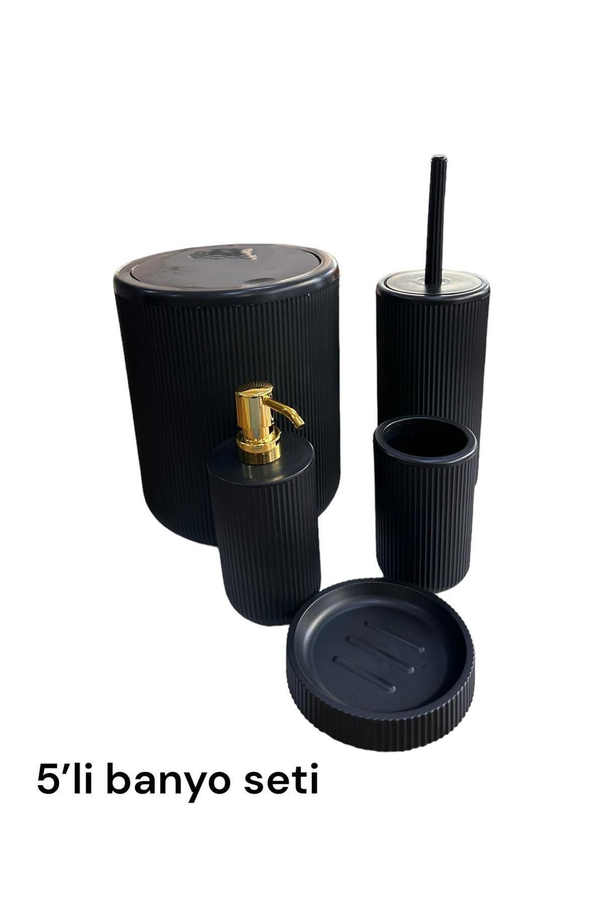 5 Parça Black & Black Banyo Seti Çöp Kovası Diş Fırçalık Sabunluk Fırçalık Seti
