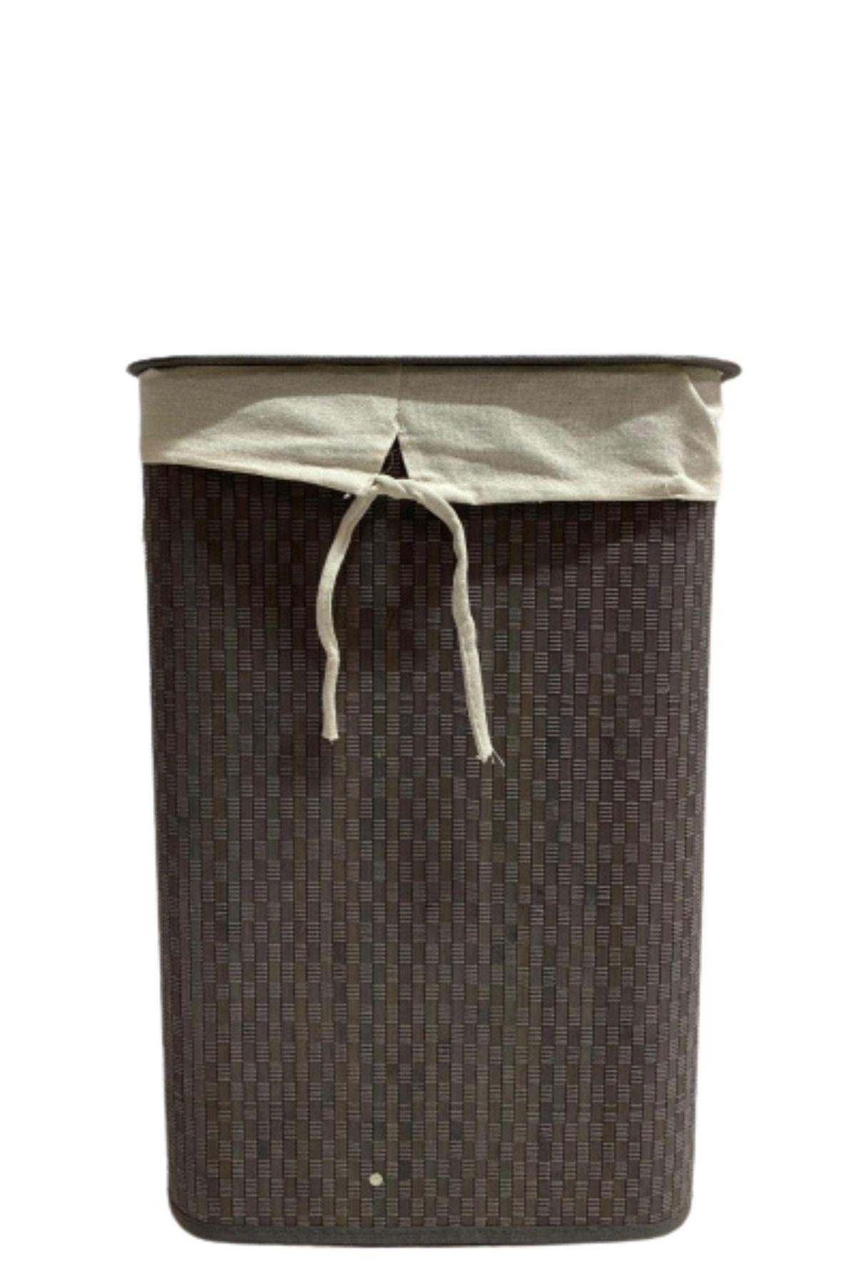 GRİ DÖKDÖRTGEN GRİ İPLİ BAMBU KATLANIR ÇAMAŞIR SEPETİ