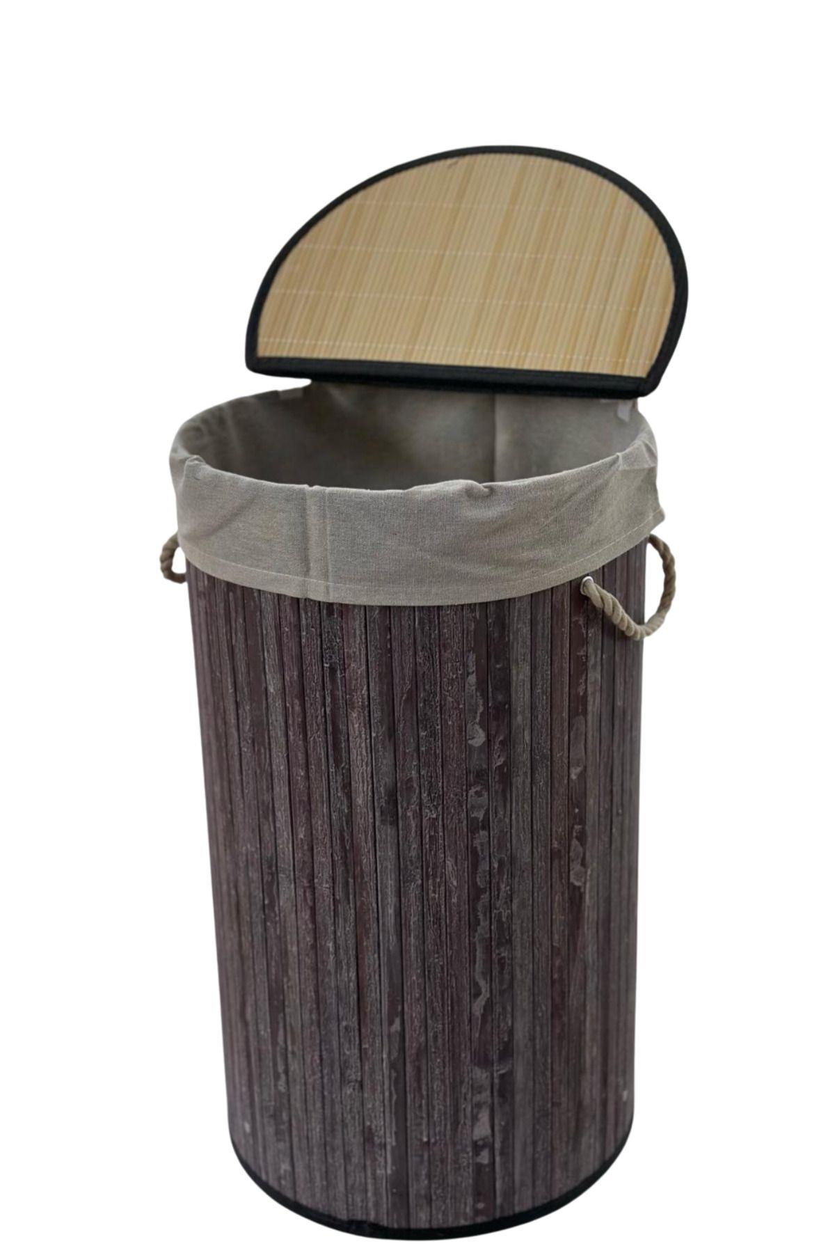 GRİ YUVARLAK BAMBU KATLANIR ÇAMAŞIR SEPETİ