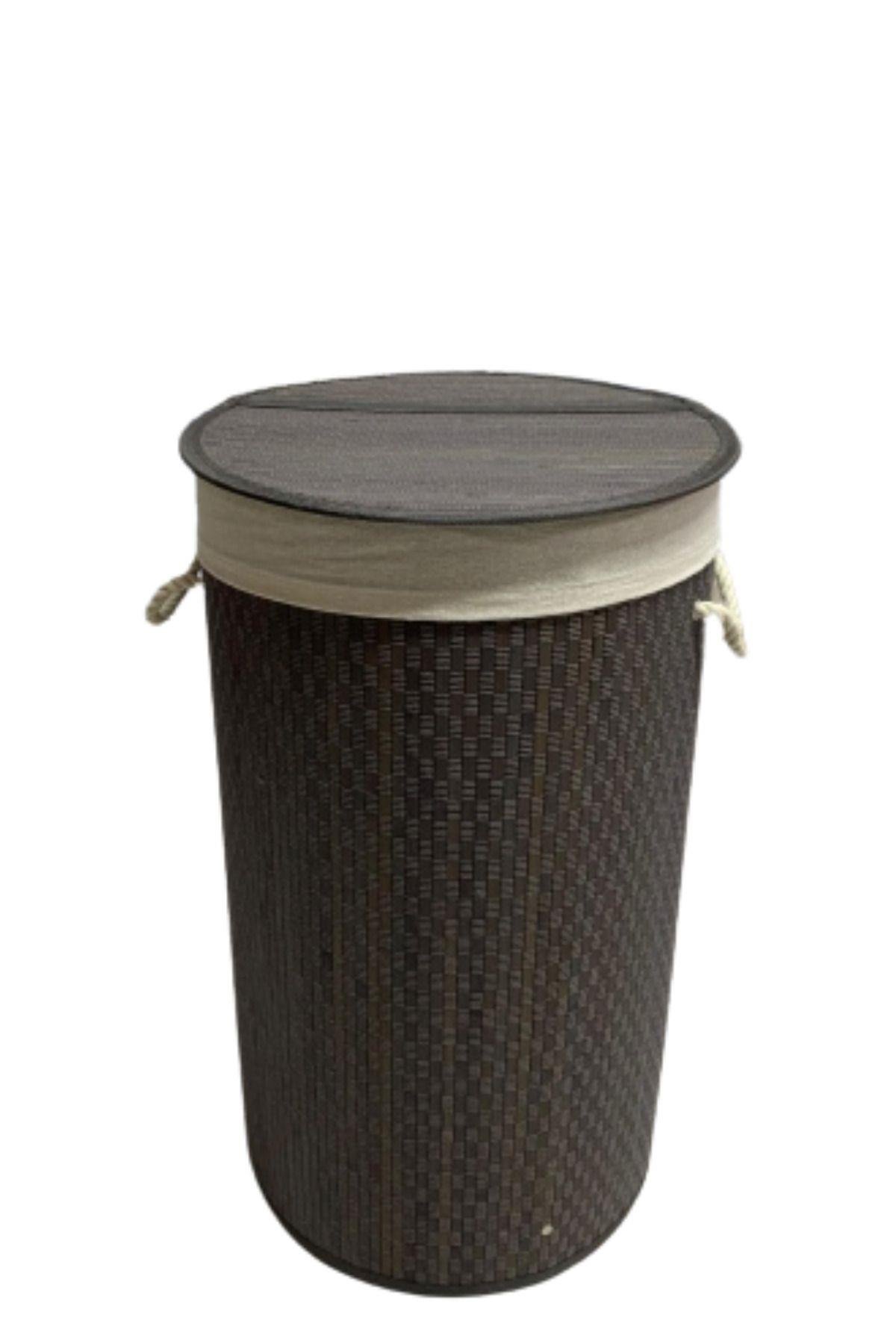 GRİ YUVARLAK GRİ İPLİ BAMBU KATLANIR ÇAMAŞIR SEPETİ