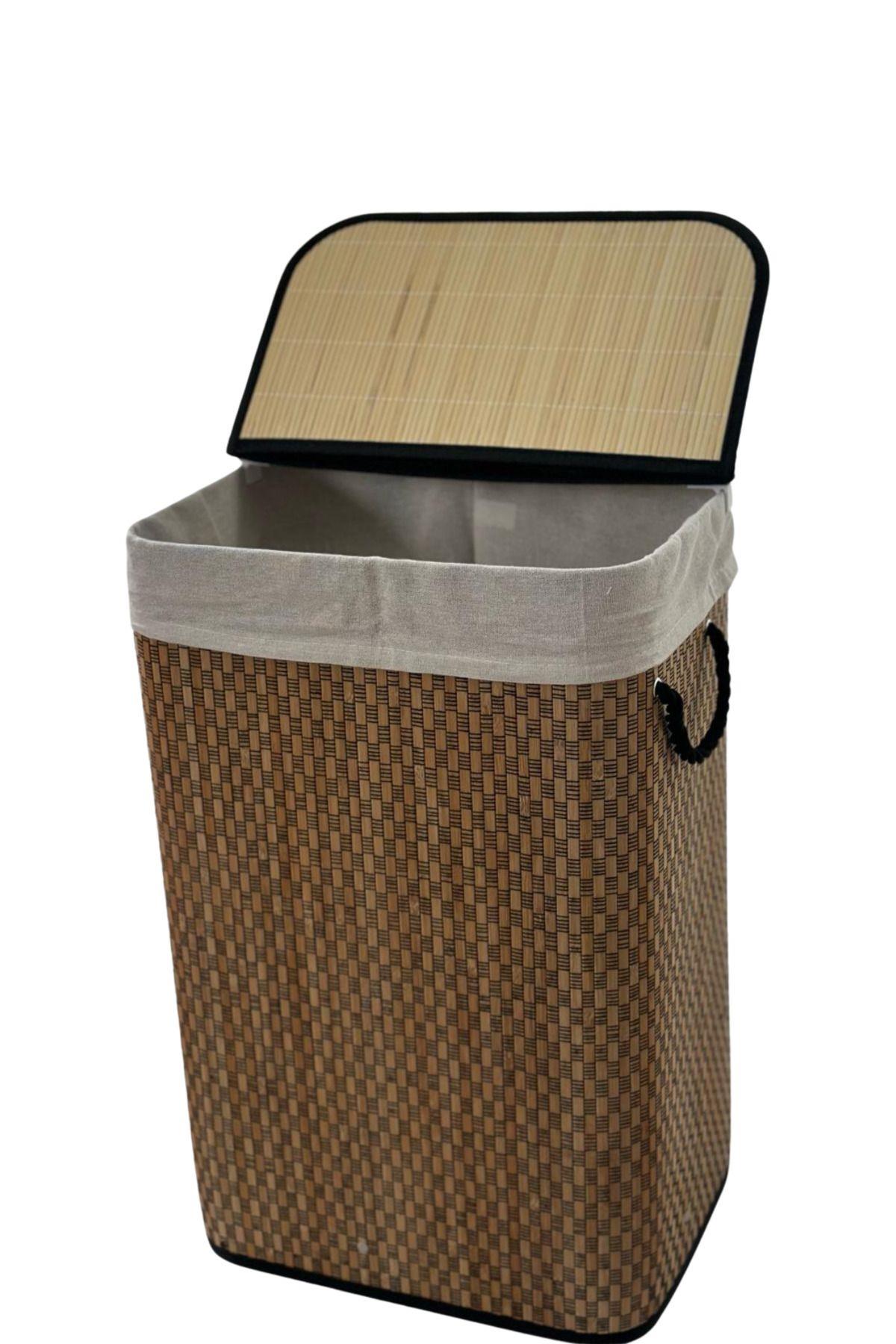 NATURAL DİKDÖRTGEN SİYAH İPLİ BAMBU KATLANIR ÇAMAŞIR SEPETİ