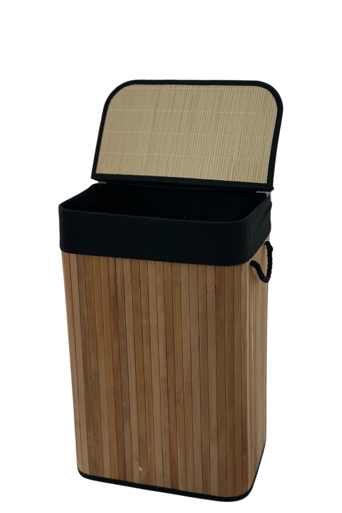 NATURAL DİKDÖRTGEN SİYAH KUŞAKLI BAMBU KATLANIR ÇAMAŞIR SEPETİ