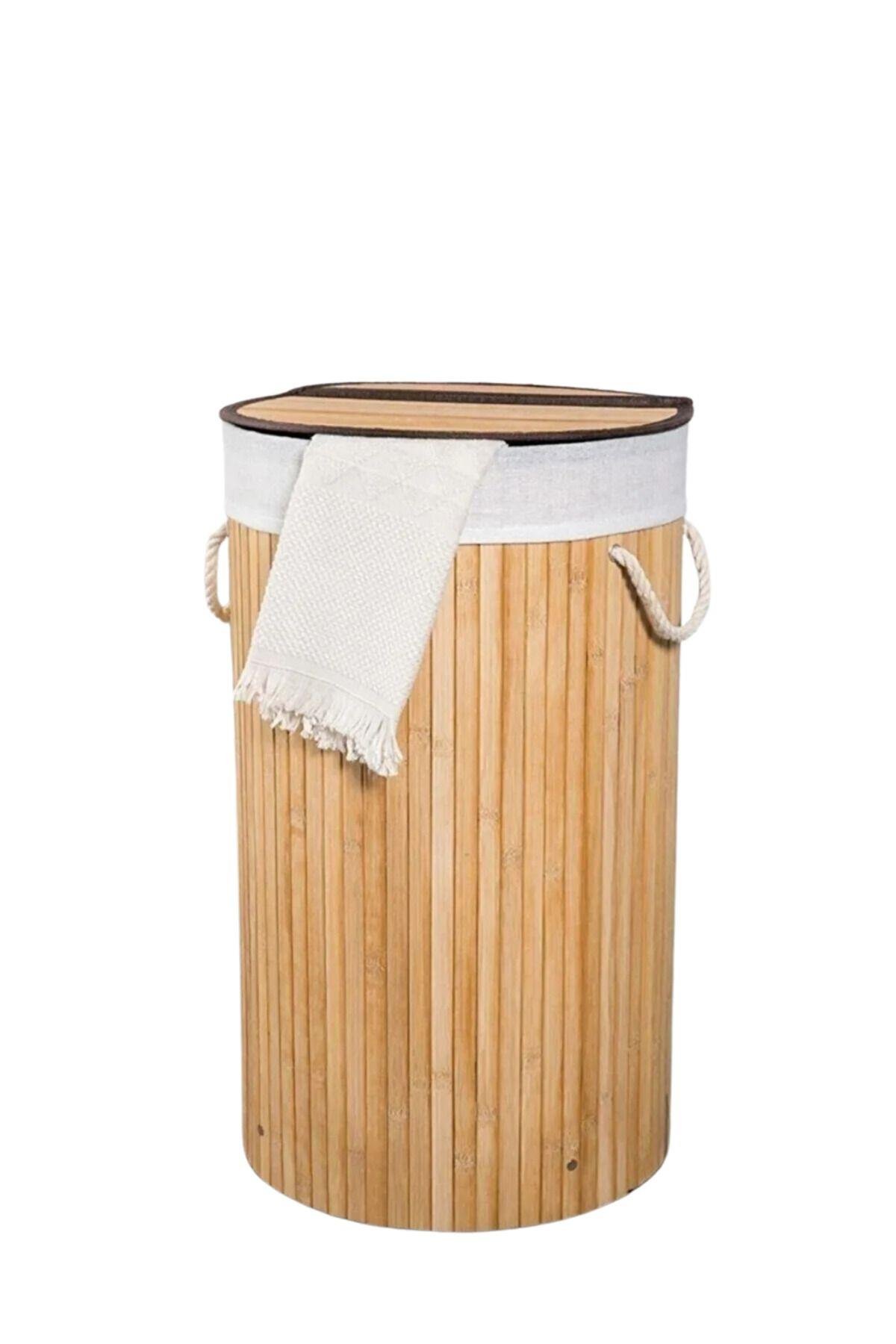NATURAL YUVARLAK BAMBU KATLANIR ÇAMAŞIR SEPETİ
