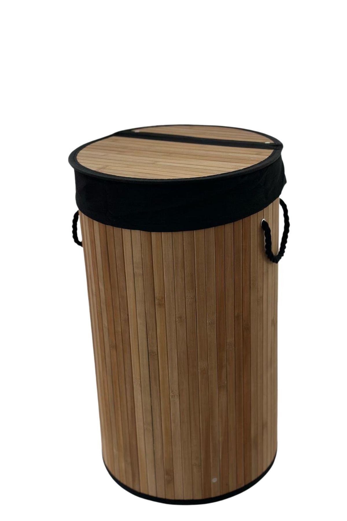 NATURAL YUVARLAK SİYAH BEZLİ BAMBU KATLANIR ÇAMAŞIR SEPETİ