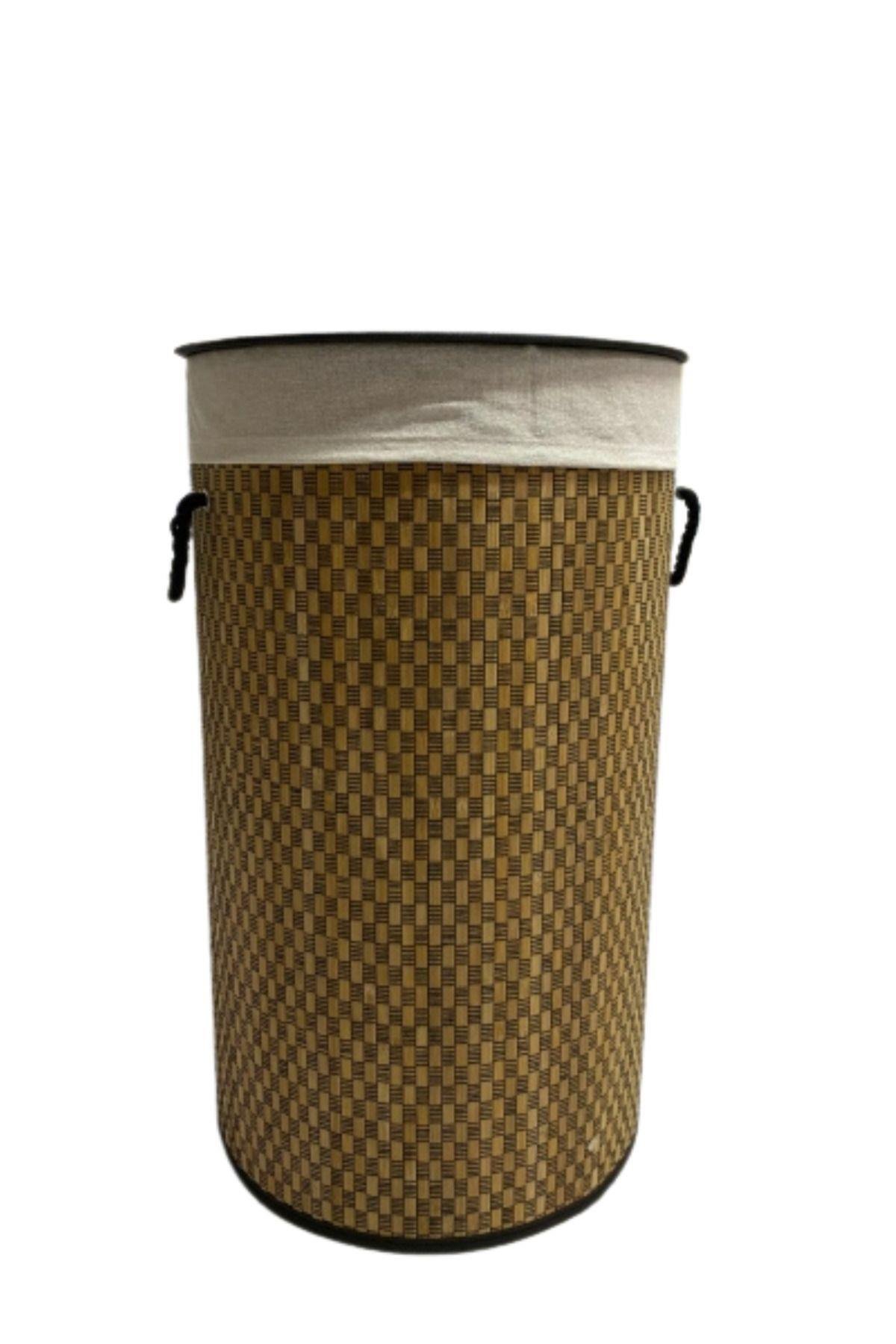 NATURAL YUVARLAK SİYAH İPLİ BAMBU KATLANIR ÇAMAŞIR SEPETİ