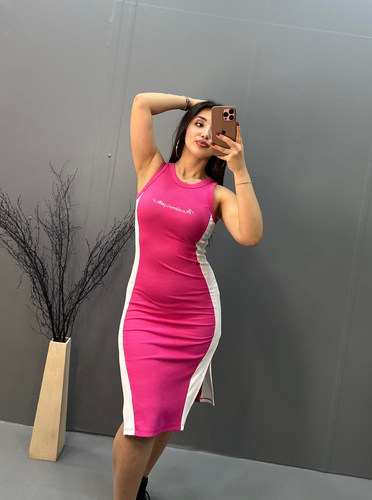 Çift Yırtmaçlı Kalem Elbise Pembe