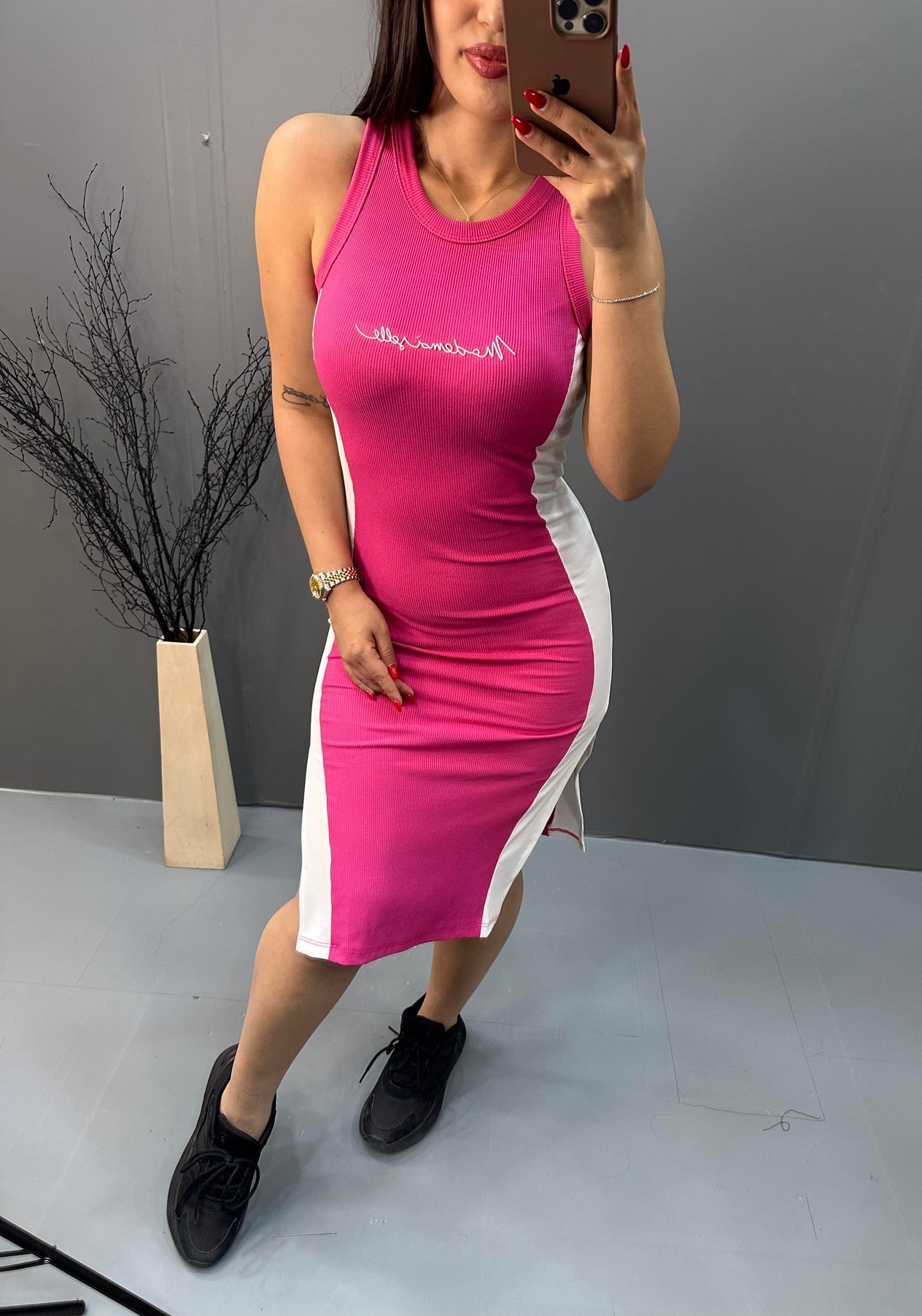 Çift Yırtmaçlı Kalem Elbise Pembe
